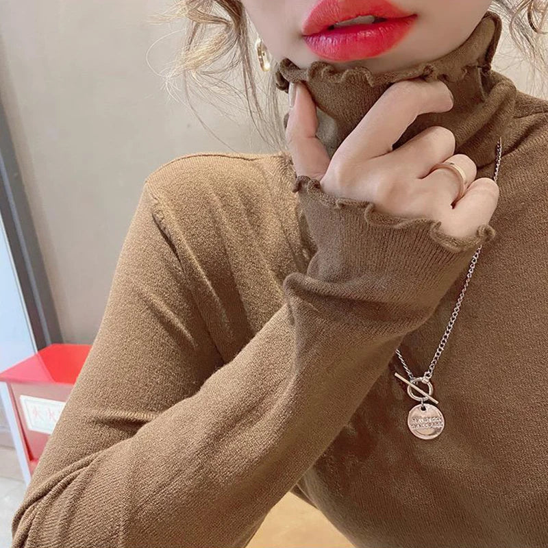 Fold Turtleneck High Elastic Solid Color Sweater - Women's Stretchy Knit Pullover for Winter Warmth - Perfect for Office Wear & Casual Outfits