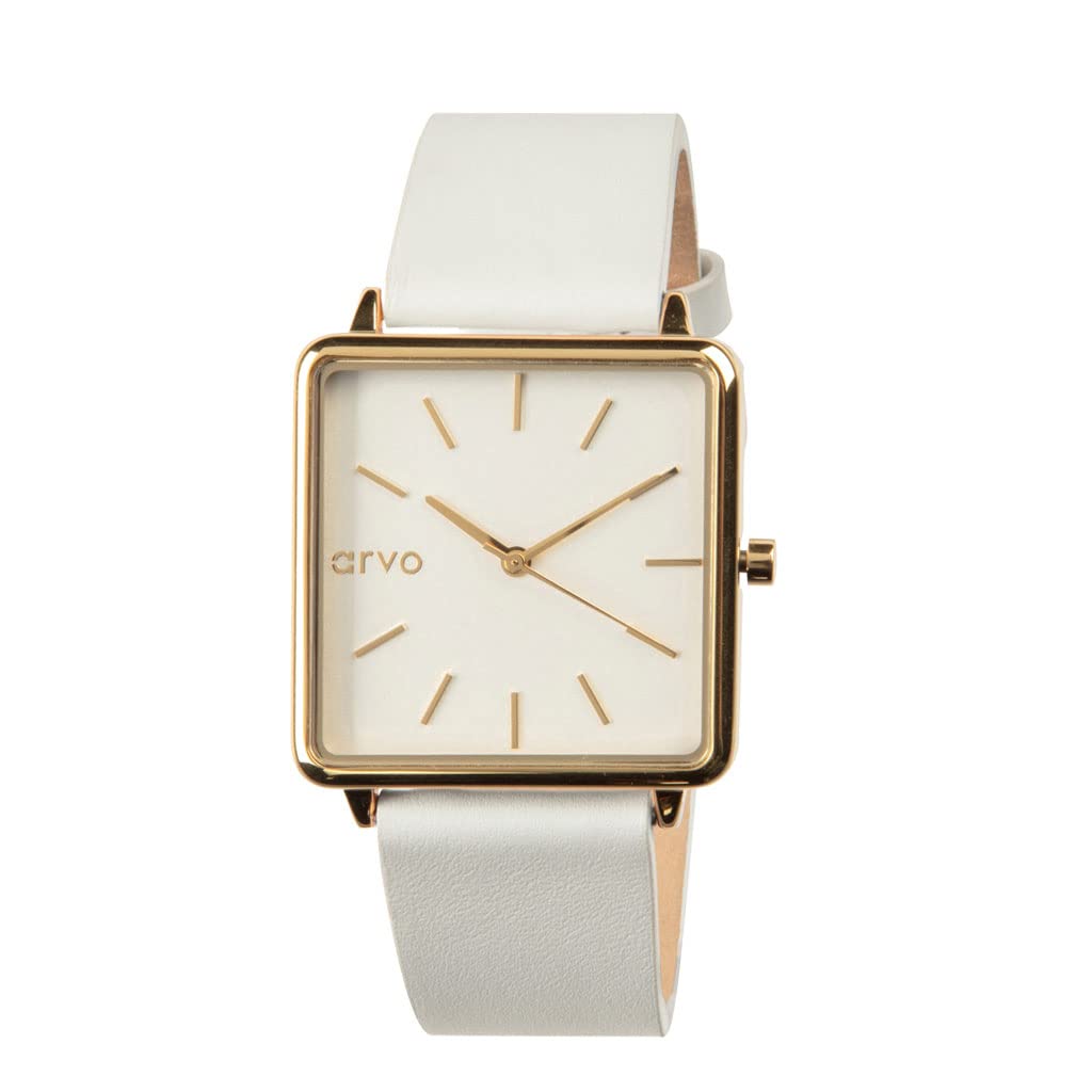 Arvo Time Squared Watch - Gold Stainless Steel Case with White Genuine Leather Band - Luxury Minimalist Watch for Men & Women - Perfect for Business, Casual & Formal Occasions