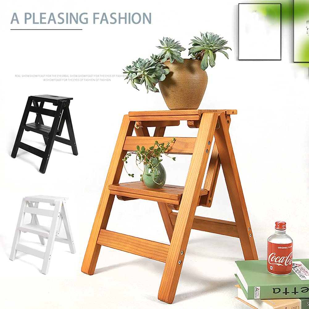 Foldable Wooden Step Stool Ladder Chair - Multi-Purpose Storage Shelf for Books, Plants & Home Decor - Max Load 250lbs - Perfect for Kitchen, Bathroom & Library Organization
