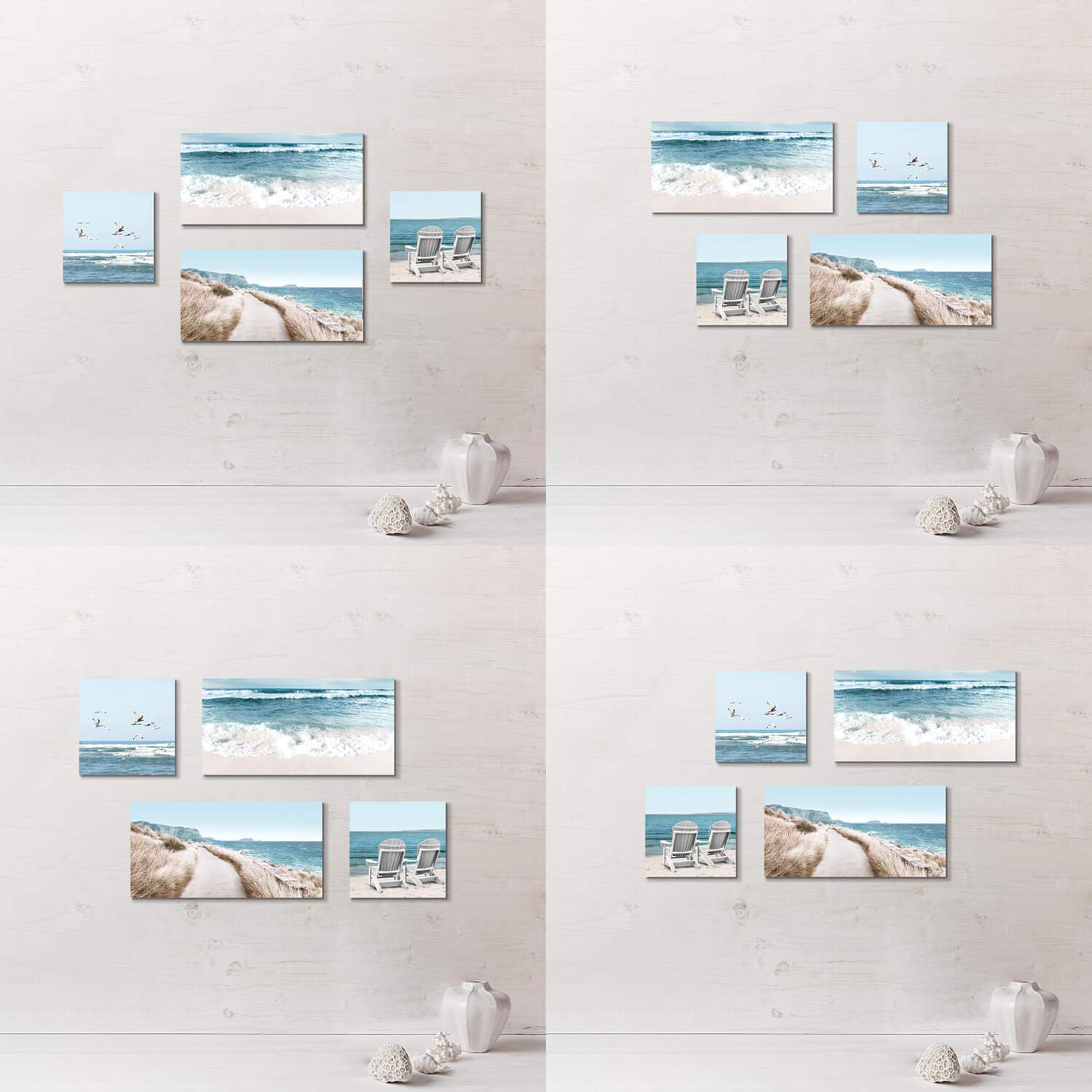 Coastal Beach Canvas Wall Art Set - 12x12 & 24x12 Inch Beach Chair & Seagull Painting Prints for Living Room, Bedroom Decor - Perfect for Beach House, Vacation Home & Coastal Style Interior Design