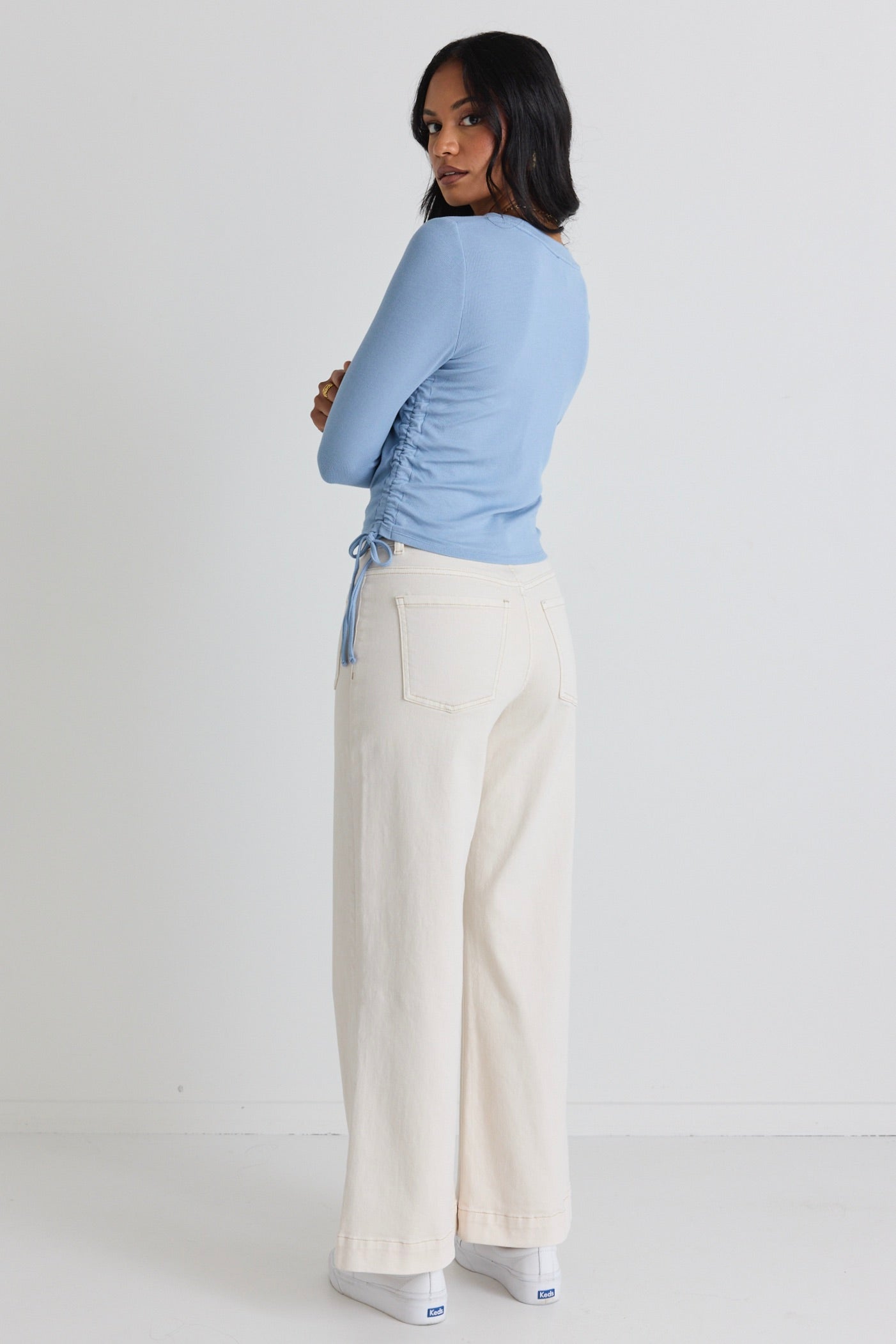 Inclined Duck Egg Rib Rouched Side Long Sleeve Tee - Stylish & Comfortable Women's Top for Casual Wear, Work & Outings