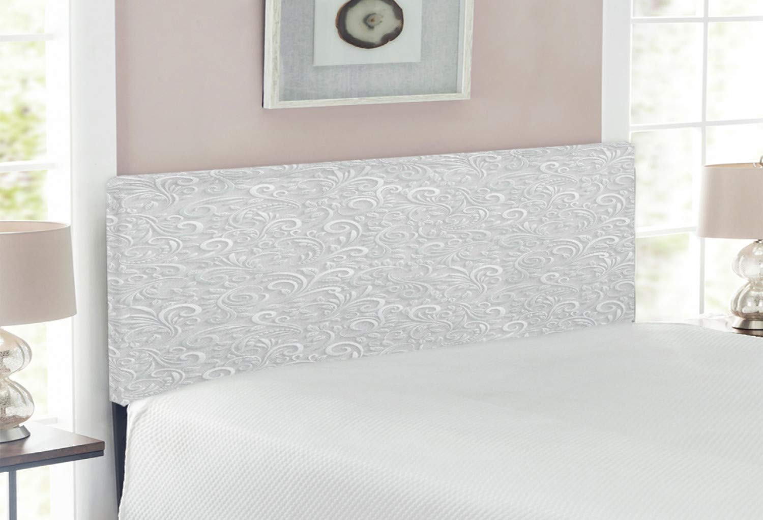 Ambesonne Grey Upholstered Headboard - Full Size Victorian Floral Embossed Metal Bed Frame with Memory Foam | Classic Home Decor for Bedroom, Guest Room & Dorm