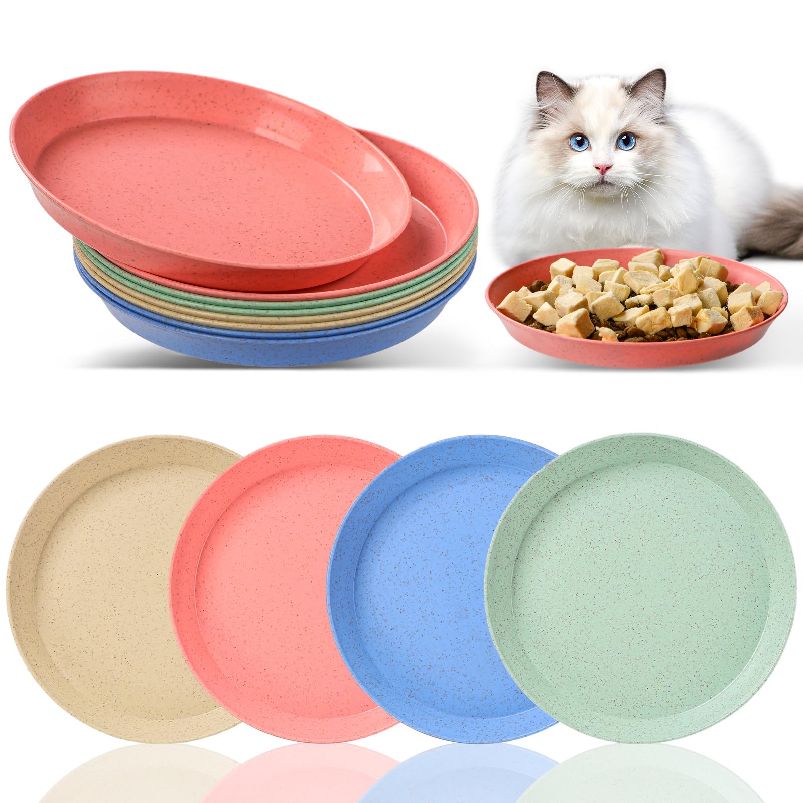 8-Piece Whisker Fatigue Cat Bowl Set - 6 Inch Shallow Cat Food Dishes for Wet Food - Wheat Straw Pet Plates for Kittens & Short-Legged Cats - Perfect for Mealtime Comfort & Stress-Free Feeding