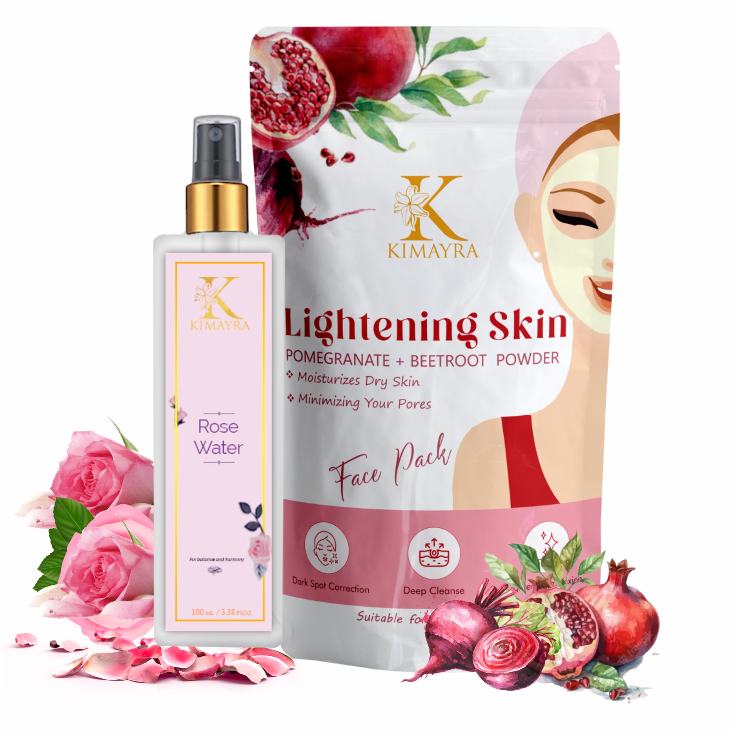 Kimayra Pomegranate + Beetroot Face Pack Powder & Pure Rose Water Spray Set for Glowing Skin | Natural Gulab Jal Toner for All Skin Types | Skin Brightening & Hydrating Skincare Combo (100ml + 75g) - Perfect for Daily Skincare Routine & Spa Treatments