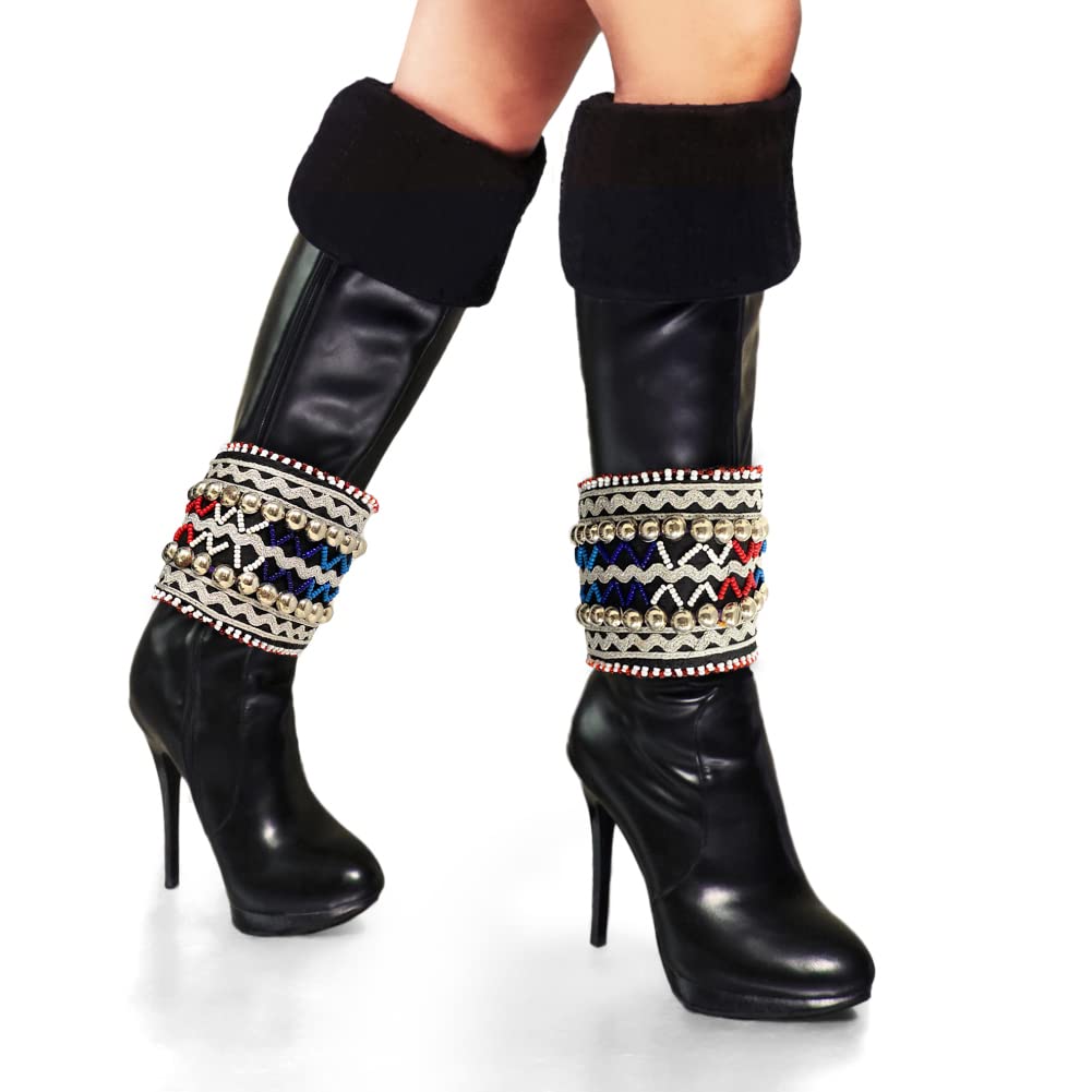 Kuchi Afghan Tribal Women’s Boot Anklet Cuff Set – Colorful Embroidered Fabric with Beads, Coins, Mirrors & Shells – 11x5 Inch – Belly Dance Jewelry, Boho Festival Accessories, Beach Party Gifts – Perfect for Tribal Dance, Music Festivals & Ethnic Fashion