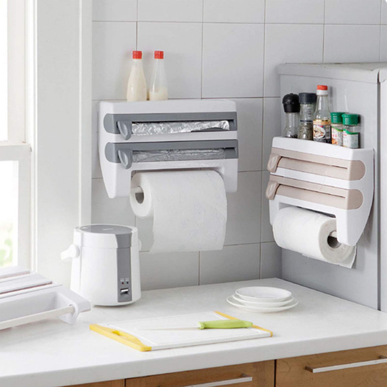4-in-1 Wall Mounted Kitchen Roll Holder Dispenser - Space Saving Shelf for Cling Film, Tin Foil & Paper Towel Storage with Built-in Cutting Tool | Perfect for Small Kitchens, RVs & Apartments