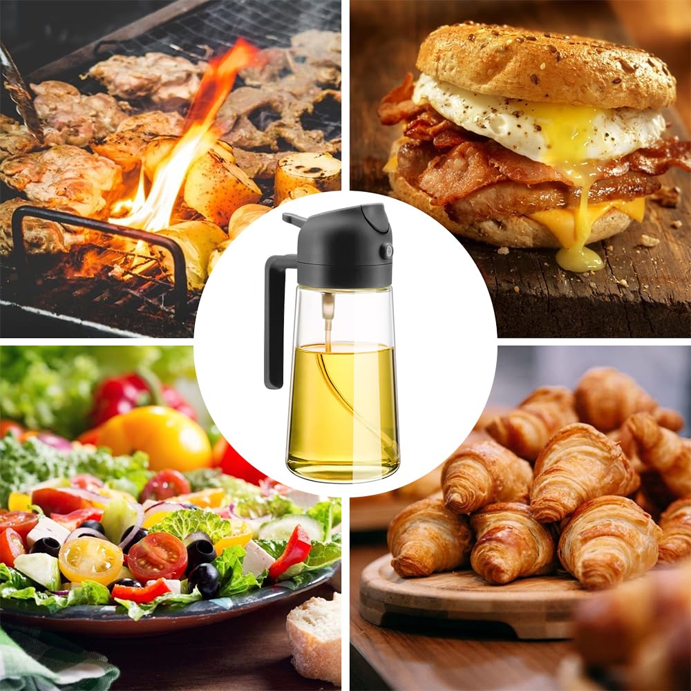 MGahyi 2-in-1 Glass Oil Sprayer & Dispenser - 470ml Kitchen Essential for Healthy Cooking | Perfect for Salad Dressing, Baking, Frying & Grilling | BPA-Free, Leak-Proof & Easy to Use (Black)