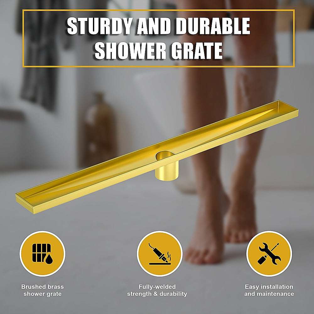 1200mm Brushed Brass Shower Drain Grate with Center Outlet - Square Pattern Floor Waste for Bathroom & Wet Room - Durable & Stylish Drainage Solution for Showers, Baths, and Wet Areas