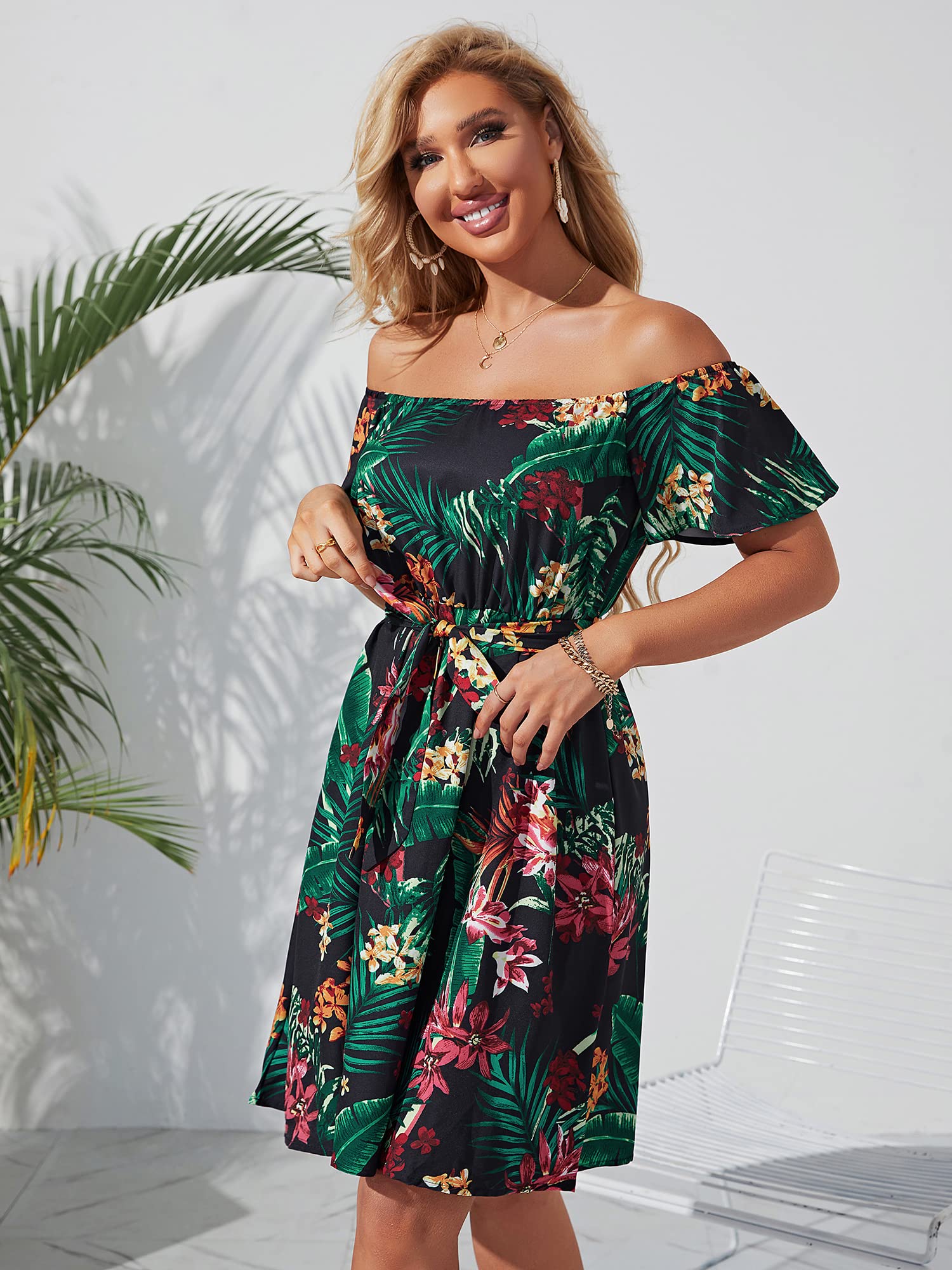 Women's Off Shoulder Ruffle Floral Summer Dress - A-Line Short Skater Dress with Belt for Wedding Guest, Party, Beach Vacation & Date Night