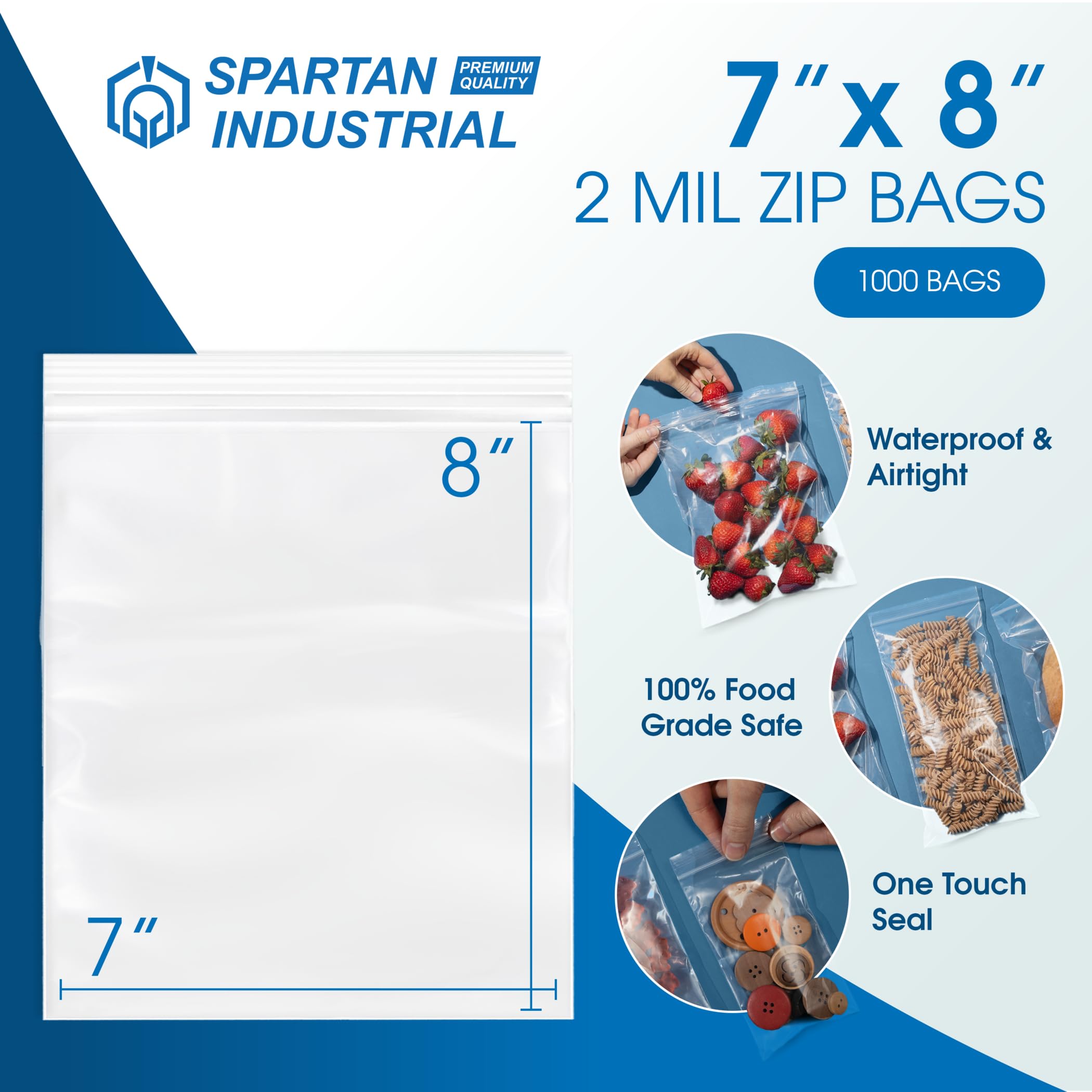 Spartan Industrial 7” x 8” 2 Mil Clear Reclosable Zip Plastic Poly Bags (1000 Count) - Resealable Lock Seal Zipper for Storage, Food, Crafts & Organization
