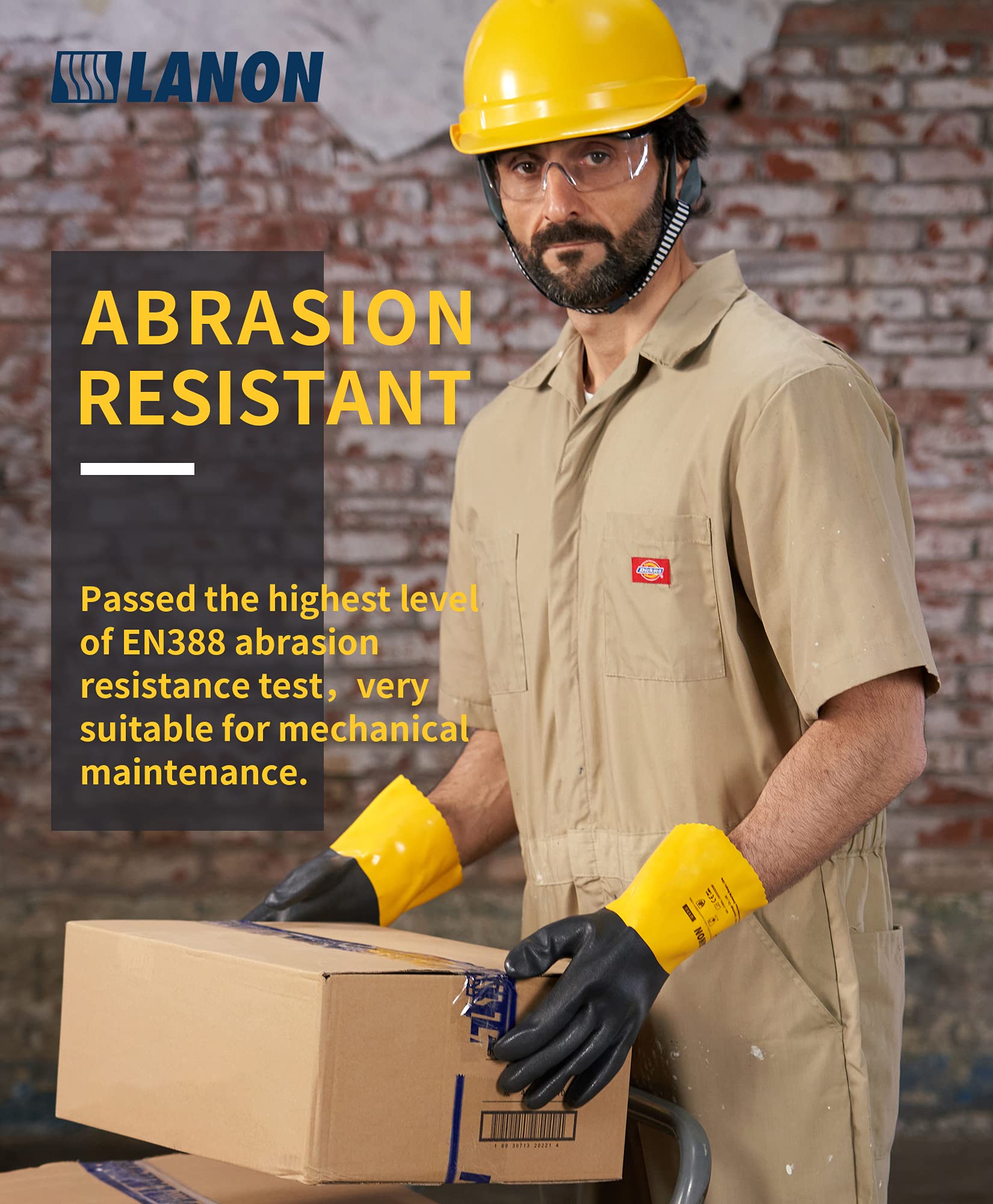 LANON 3 Pairs PVC Chemical Resistant Gloves - Heavy Duty Rubber Work Gloves for Acid, Alkali & Oil Protection - EN 374/388 Certified, Non-Slip Grip, XXL Size - Ideal for Laboratory, Industrial Cleaning & Automotive Repair