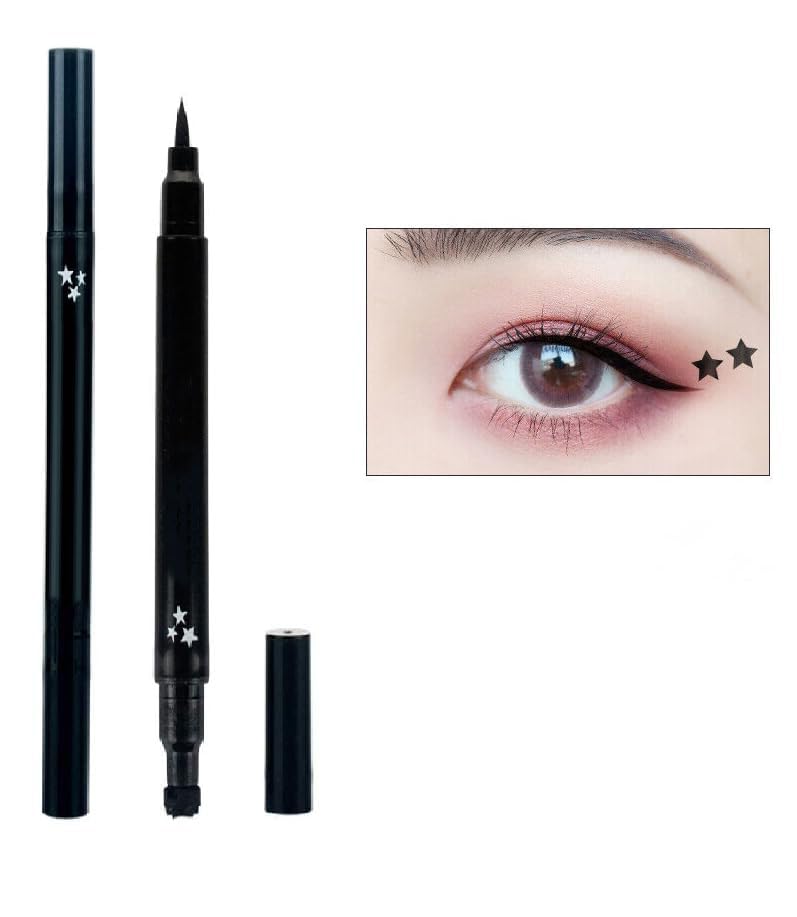 AKADO Eyeliner Stamp & Eyebrow Pencil Set - Waterproof Liquid Eyeliner with Heart, Flower, Star Eye Stamps - Perfect for Party, Cosplay & Everyday Makeup - Black (Star)