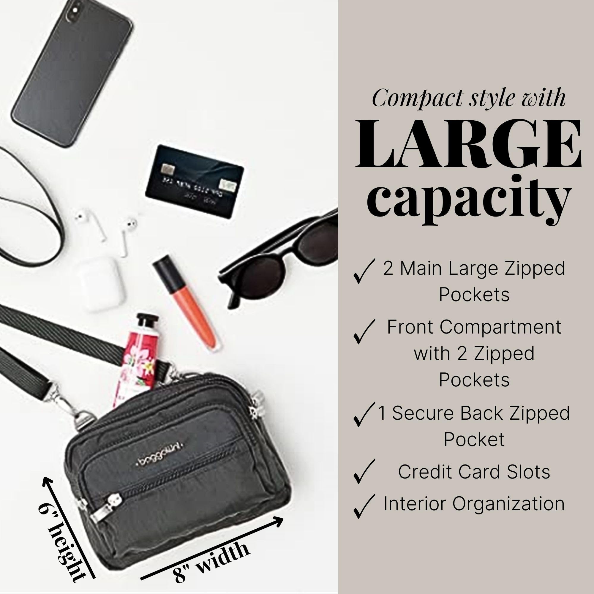 Baggallini Triple Zip Small Crossbody Bag for Women - 8x6 inch Lightweight Water-resistant Convertible Fanny Pack Belt Bag - Perfect for Travel, Shopping & Everyday Use
