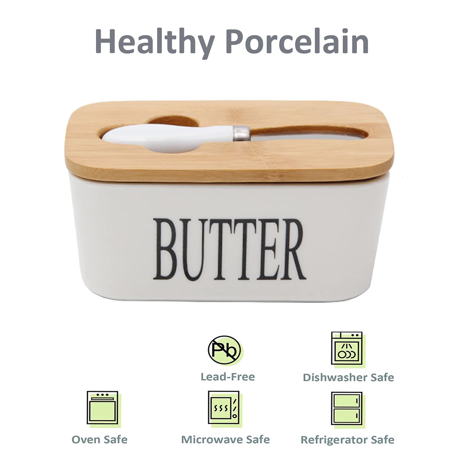 Ceramic Butter Dish with Lid - Large Butter Keeper Container with Bamboo Cover & Silicone Seal - Includes Butter Knife - Perfect for Kitchen, Dining Table, and Gift Giving - Ideal for Keeping Butter Fresh at Room Temperature