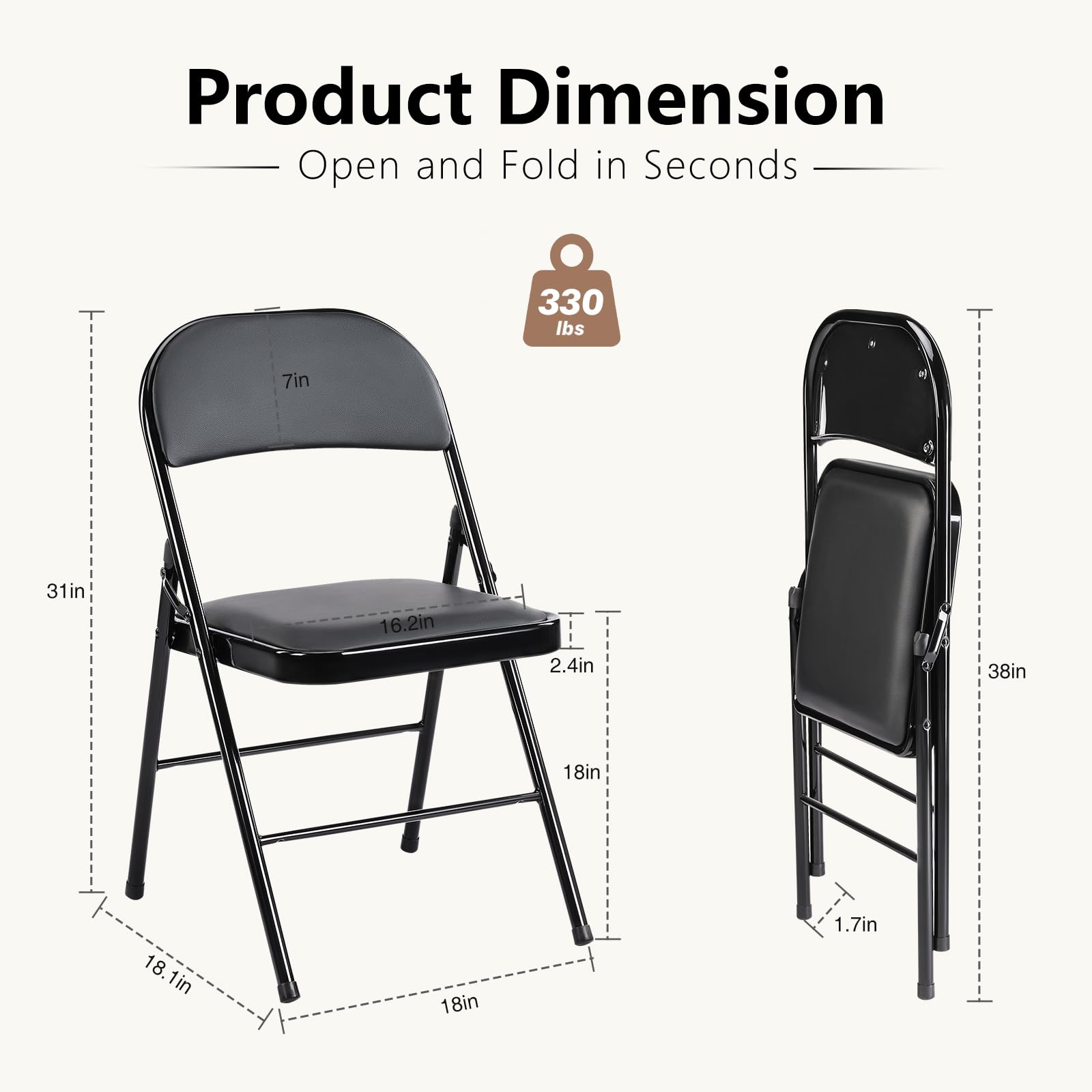 DUMOS 4 Pack Black Leather Padded Folding Chairs - Heavy Duty Steel Frame, Stackable & Portable for Indoor Outdoor Use - Perfect for Home, Office, Parties, Weddings & Events - Comfortable Commercial Seating Solution