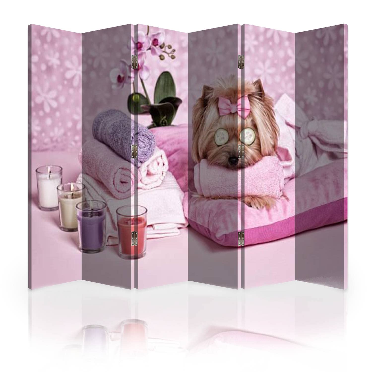 Yorkshire Terrier Dog Day at Spa Canvas Room Divider Screen - 6 Panel Folding Privacy Partition Wall Separator for Bedroom, Office & Living Room