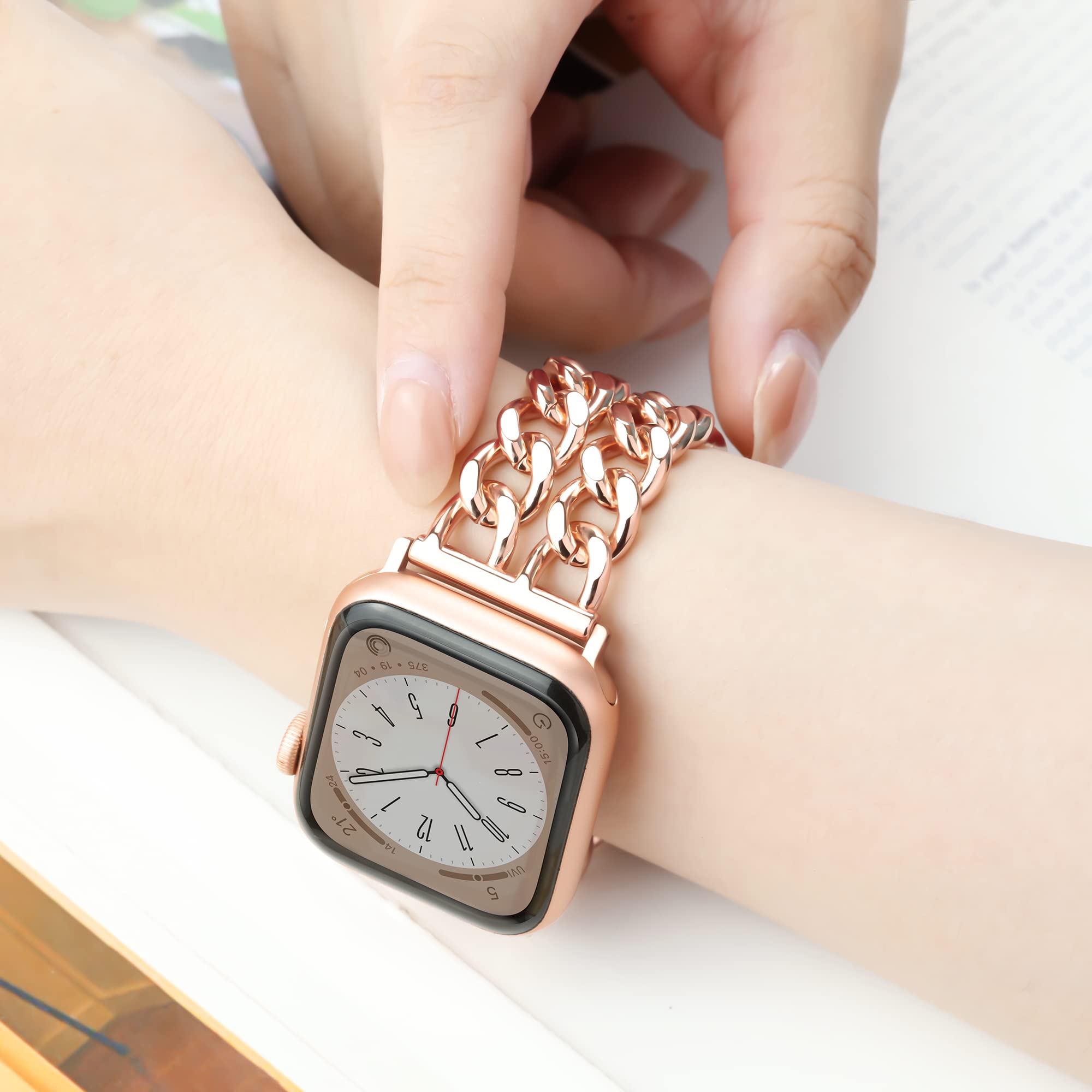Elegant Rose Gold Double Chain Metal Apple Watch Band - Compatible with Apple Watch Ultra 2/1, SE, Series 10/9/8/7/6/5/4/3/2/1 (40mm 41mm 42mm 38mm) - Stylish Unisex Bracelet for Work, Parties & Everyday Wear