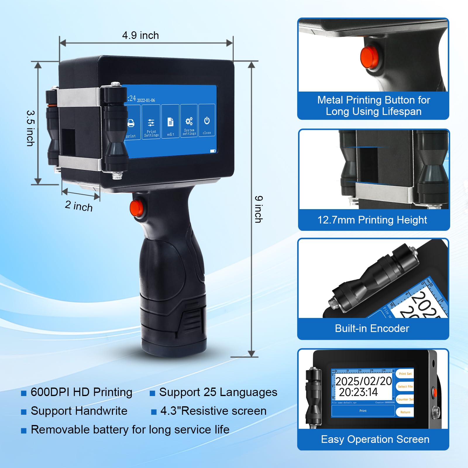 PEKOKO LB100 Smart Portable Handheld Inkjet Printer - Date/Batch Coding Machine for Wood, Acrylic, Metal & More | Touch Screen Adhesive Label Printer for Bottles, Cartons, Glass & Plastic | Ideal for Packaging, Inventory & Product Labeling