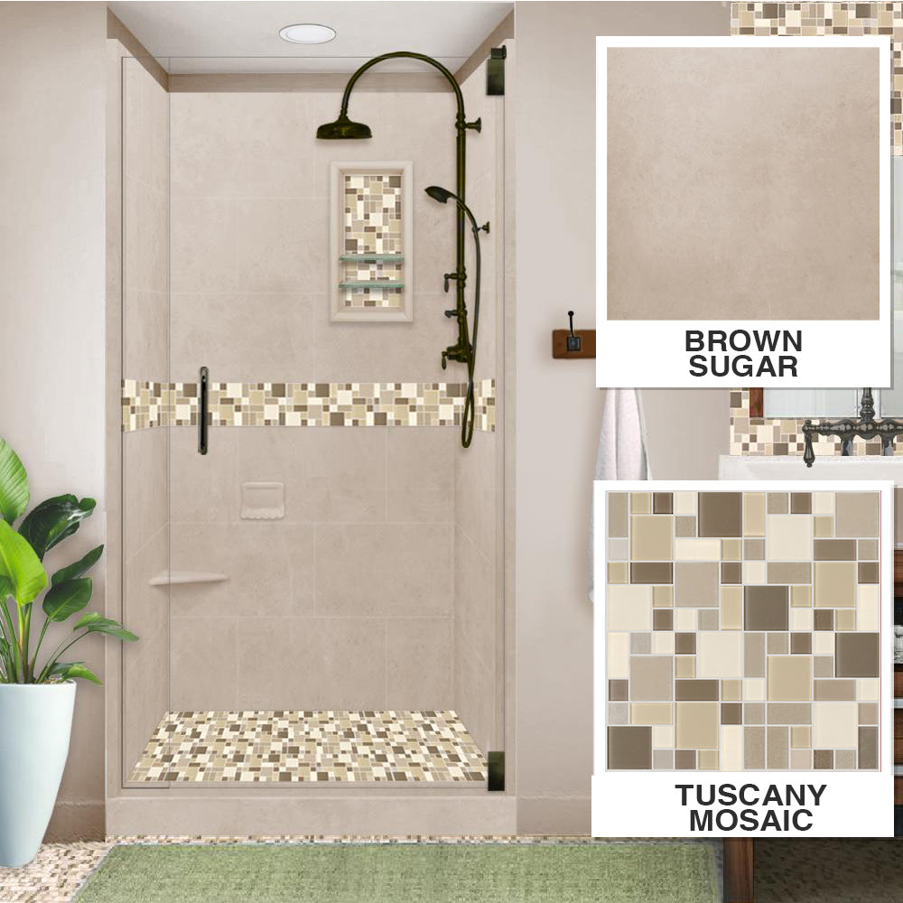 Alcove Brown Sugar Sistine Stone & Tuscany Mosaic DIY Shower Remodel Kit - Peel and Stick Tile Backsplash for Bathroom, Kitchen, Laundry Room