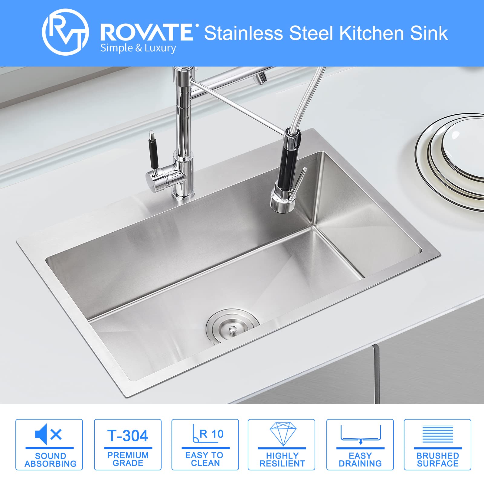 ROVATE 28×18 Inch Drop-in Kitchen Sink - Handmade 304 Stainless Steel Single Bowl Sink, 18 Gauge 9 Inch Deep Topmount with Basket Strainer - Perfect for Modern Farmhouse, Apartment & RV Kitchens