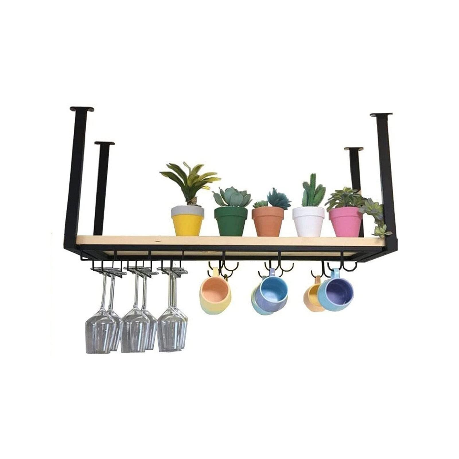 Vintage Wrought Iron Ceiling Wine Glass Rack - Floating Shelf for Kitchen, Living Room & Bar | Solid Wood Wall Mounted Storage Display Stand | Easy Installation for Wine Bottles, Plants & Decor