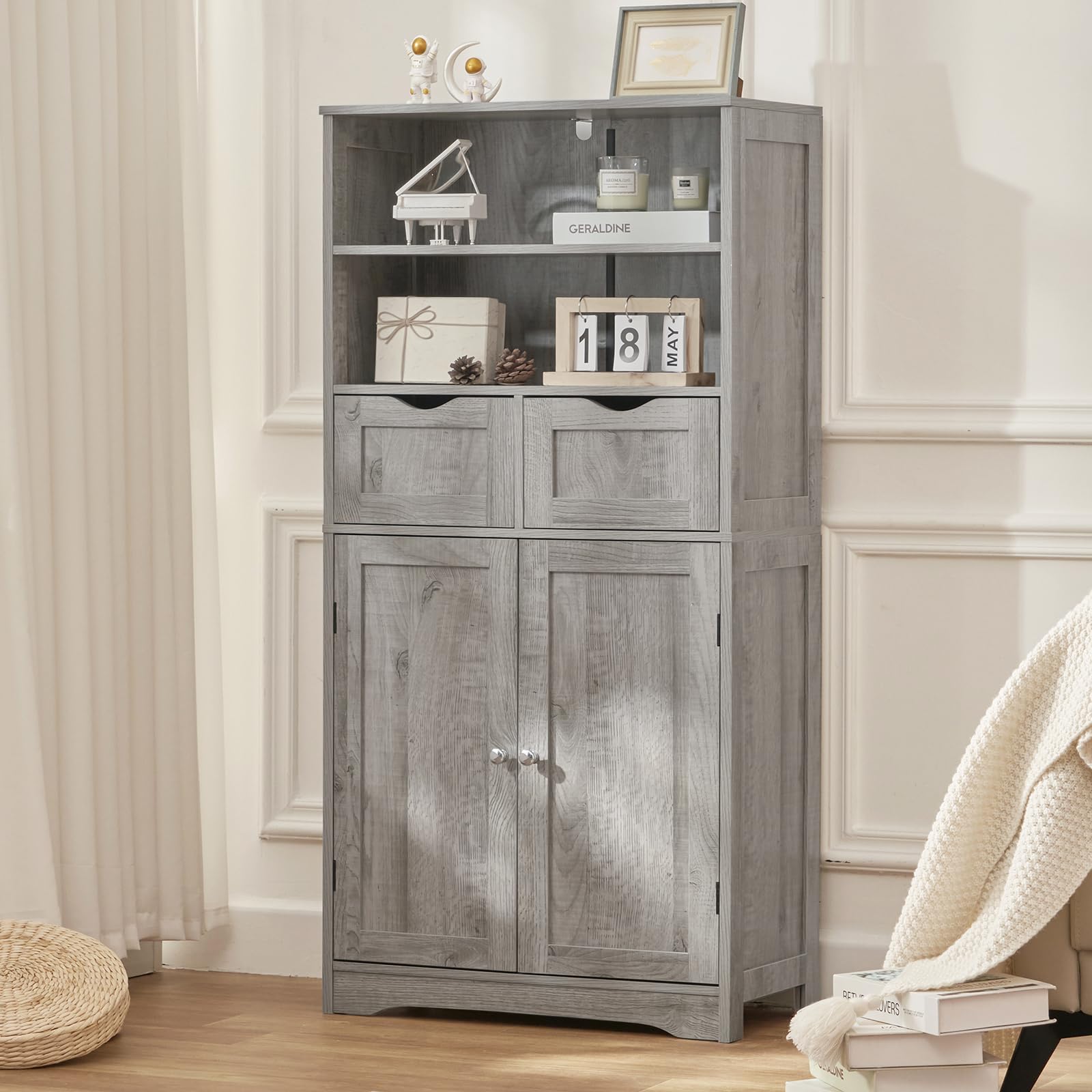 Iwell Tall Storage Cabinet with 2 Drawers & Adjustable Shelves - Bathroom Cabinet with Doors, Cupboard Organizer for Living Room, Dining Room, Entryway - Grey - Perfect for Home Organization & Small Space Storage Solutions