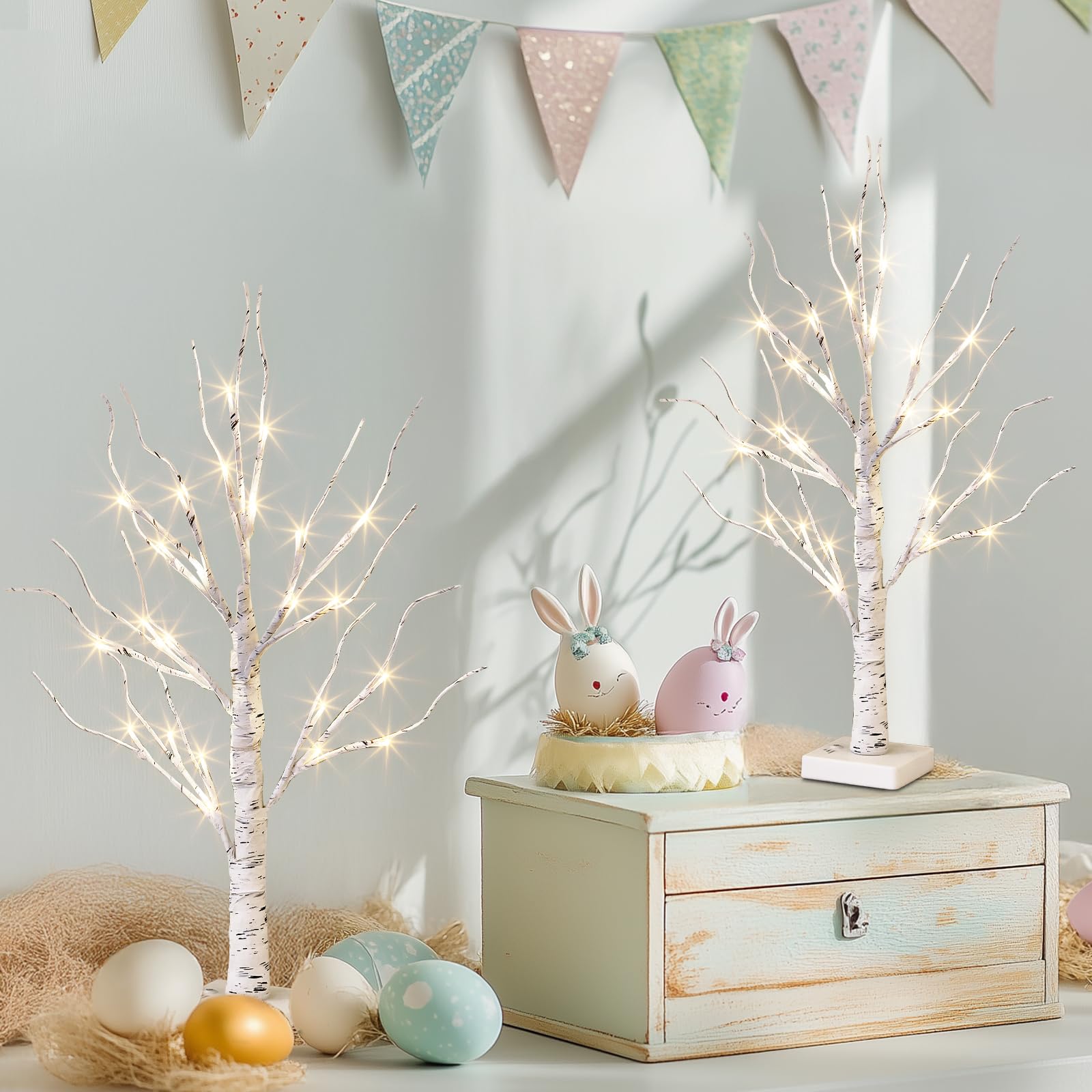 PEIDUO 2FT Birch Tree with LED Lights - Warm White Light Up Easter Tree Lamp for Home Decor, Battery Powered with Timer (2 Pack) - Perfect for Easter Table Centerpiece, Indoor Holiday Decorations & Cozy Ambiance