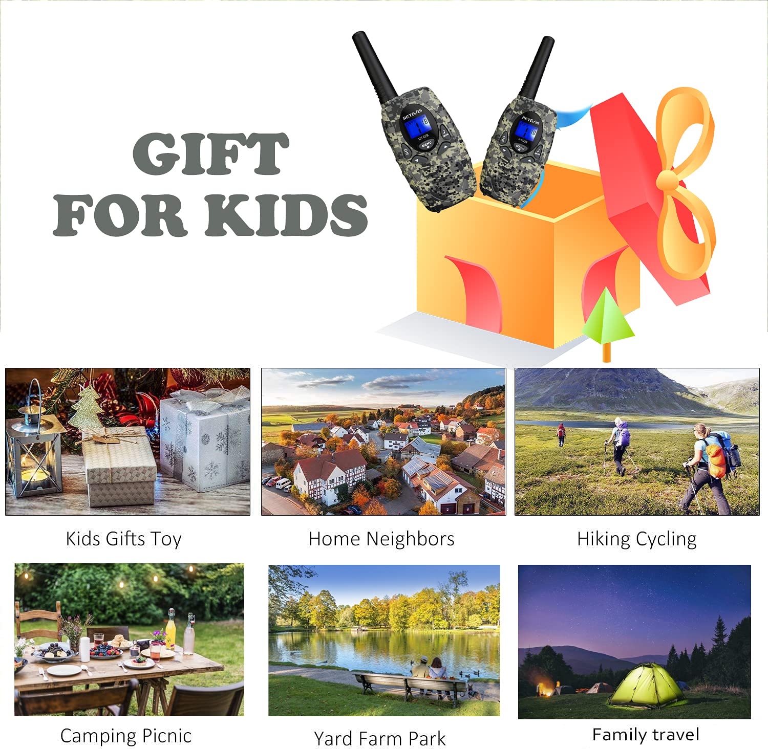 Retevis RT628 Kids Walkie Talkies - 2 Way Radios with Long Range Communication, VOX & Camo Design - Perfect for Boys & Girls Ages 6-12 - Great for Camping, Hiking, Outdoor Adventures & Army Role Play (4 Pack)