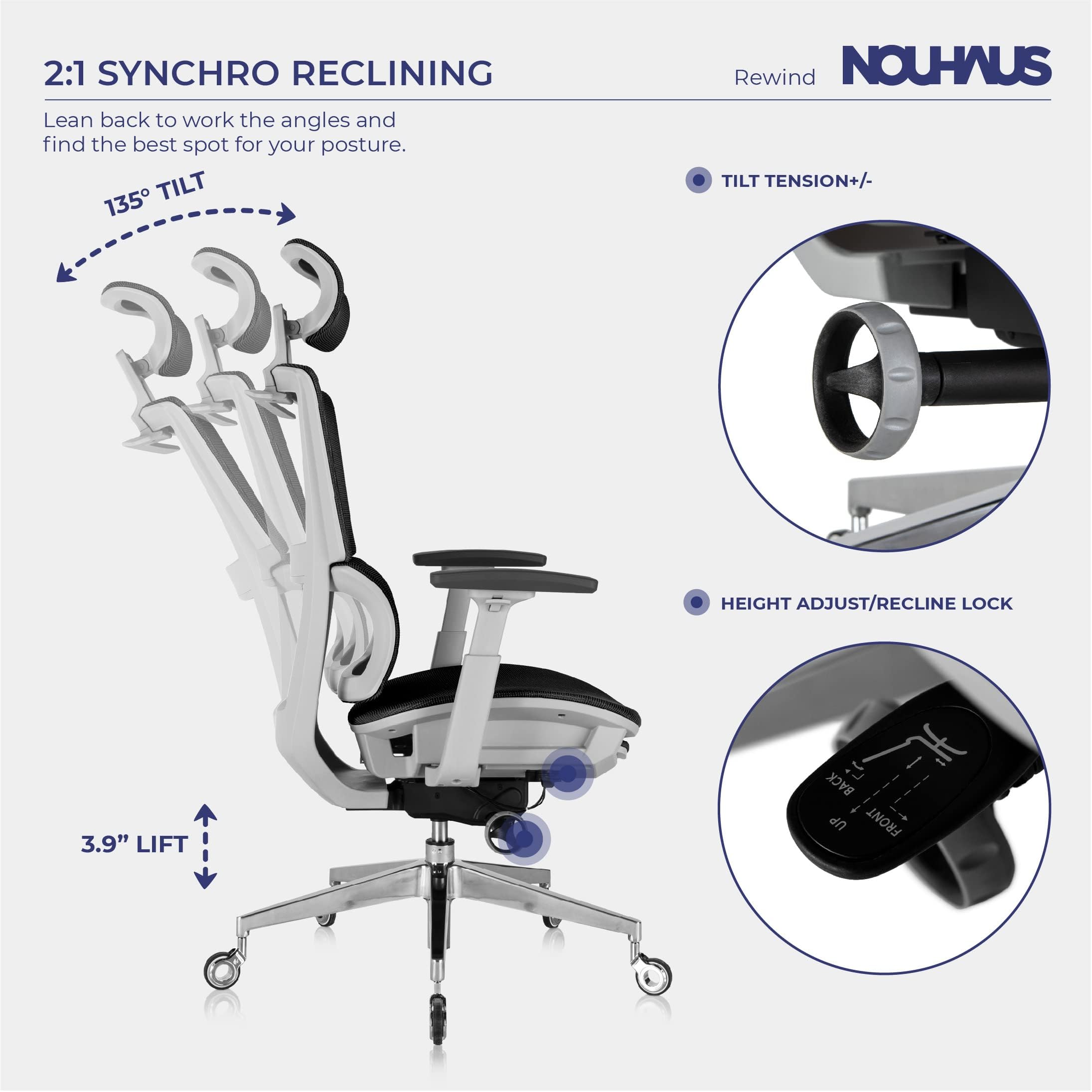 Nouhaus Rewind Ergonomic Office Chair with Adjustable Footrest & Lumbar Support - Swivel Mesh Computer Desk Chair with Wheels for Home Office - High Back Task Chair for Long Hours Work (Black) - Perfect for Remote Work, Gaming & Study Sessions