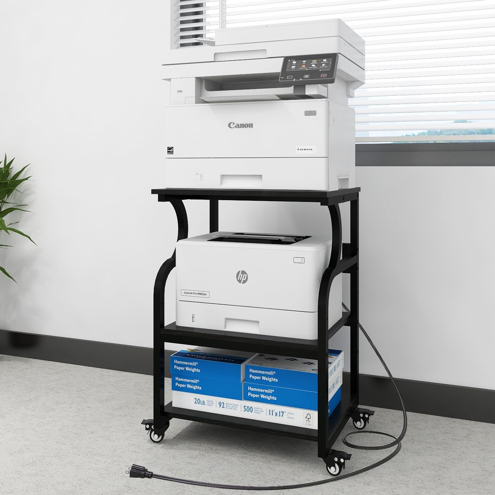 Natwind Large Printer Stand - 24''x20''x29'' Adjustable Storage Shelf Rolling Cart with Wheels, 3-Tier Multifunctional Shelves for Heat Press & 3D Printer, Home Office Organization (Black) - Perfect for Craft Rooms, Printing Workshops & Small Business Spaces