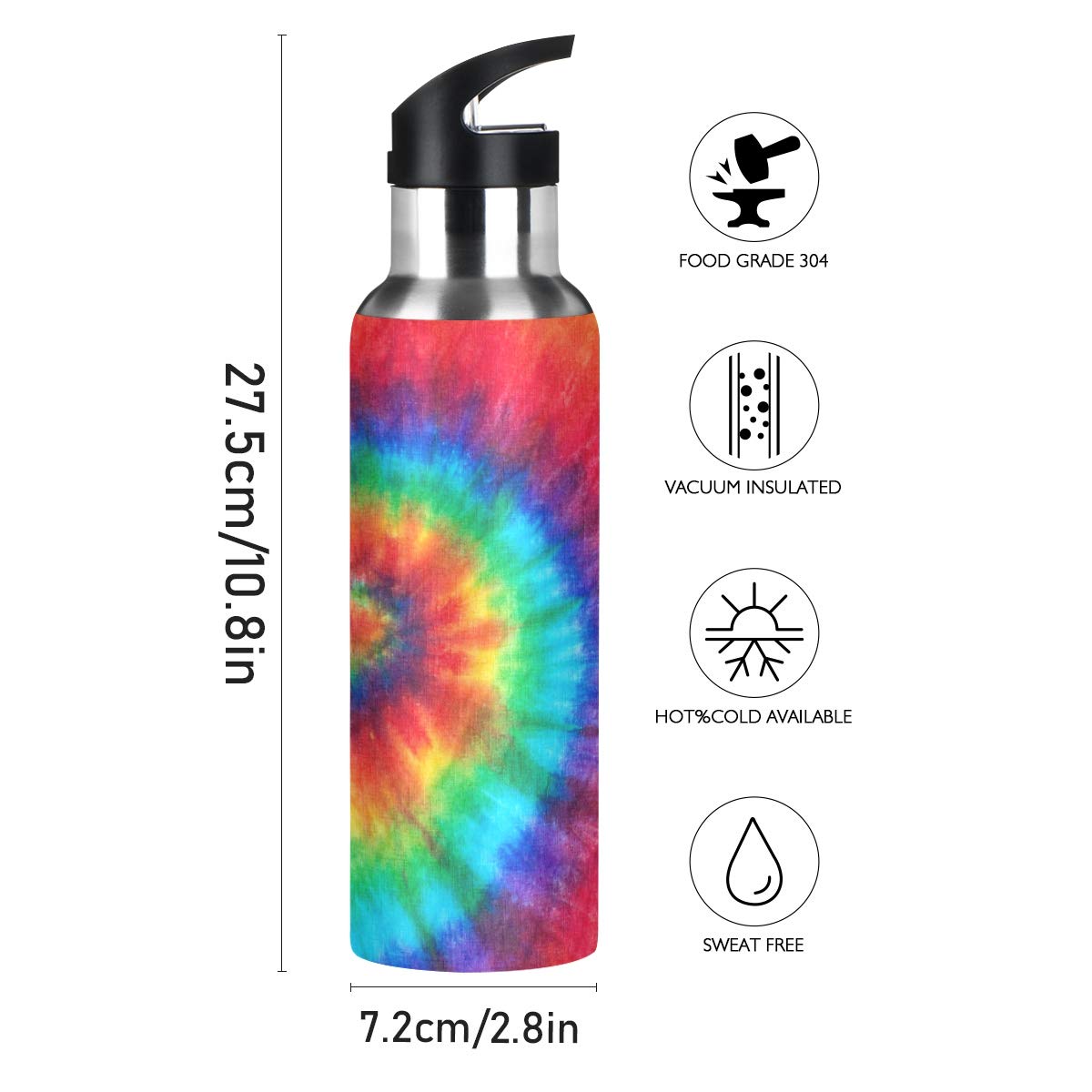 Tie Dye Stainless Steel Water Bottle 20oz - Double Wall Vacuum Insulated, Leakproof Straw Lid - Perfect for Gym, Hiking & Outdoor Activities