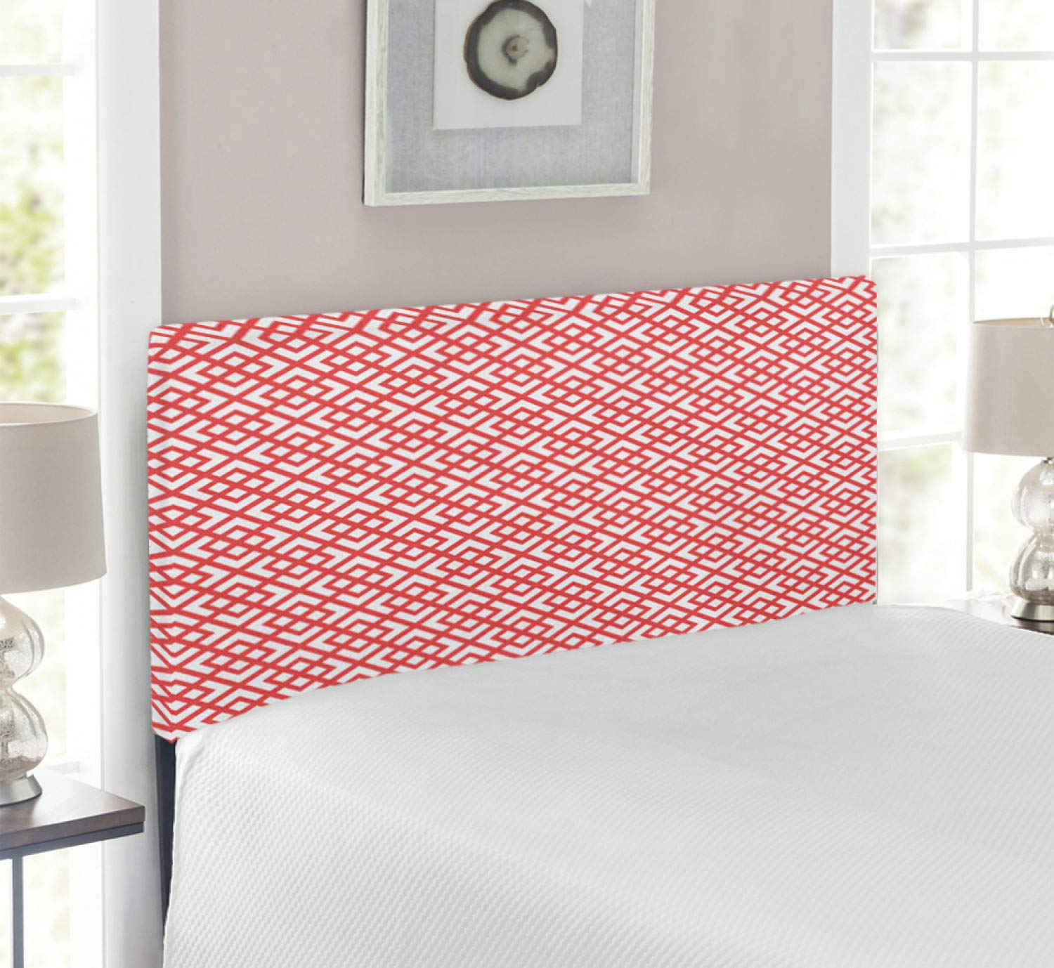 Ambesonne Pink Upholstered Headboard with Geometric Diamond & Triangle Artwork - Twin Size Memory Foam Bed Headboard in Dark Coral & White - Perfect for Modern Bedroom Decor & Guest Room Styling