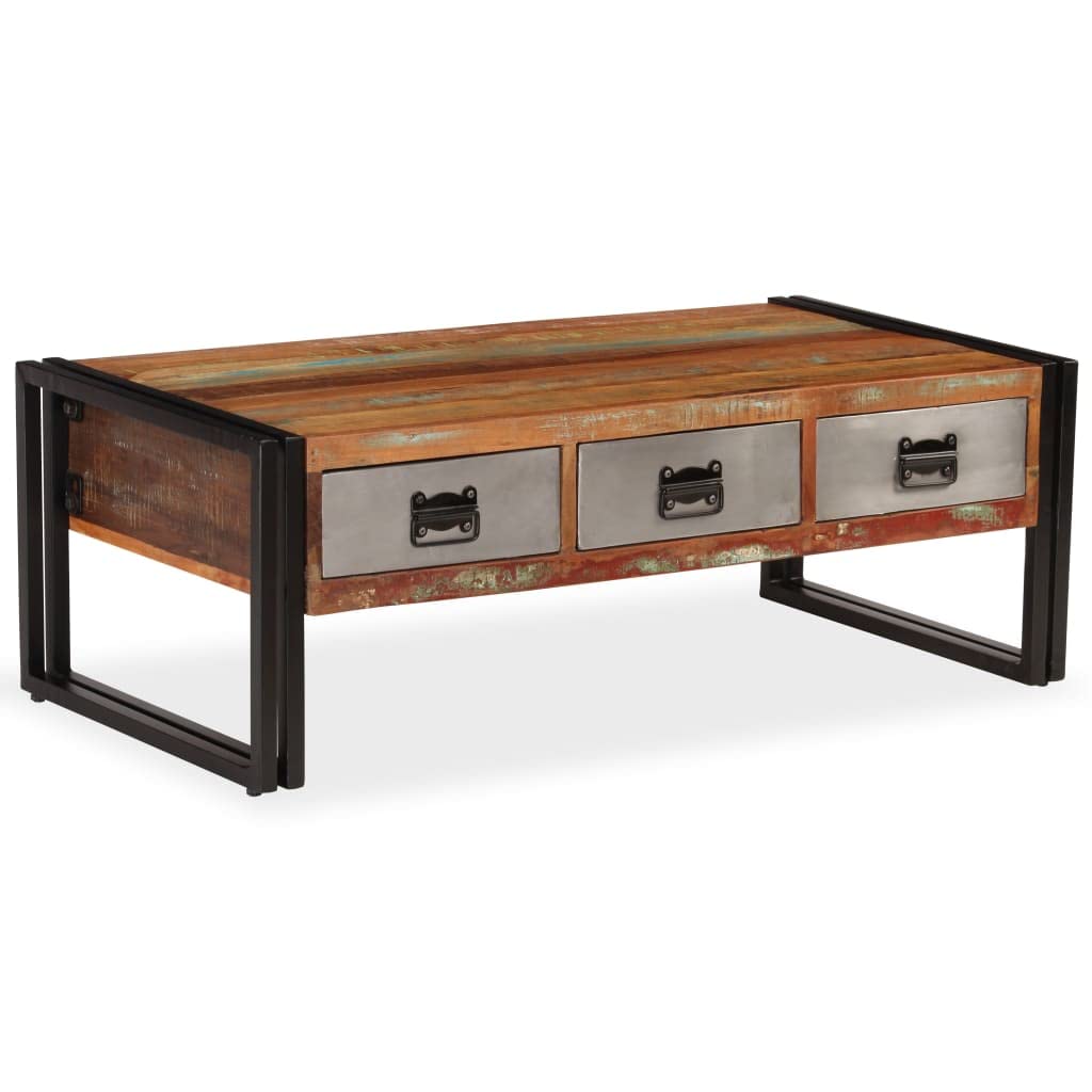 39.4'' Reclaimed Wood Coffee Table with 3 Drawers - Rustic Sofa Table, TV Stand & Living Room Side Table (39.4