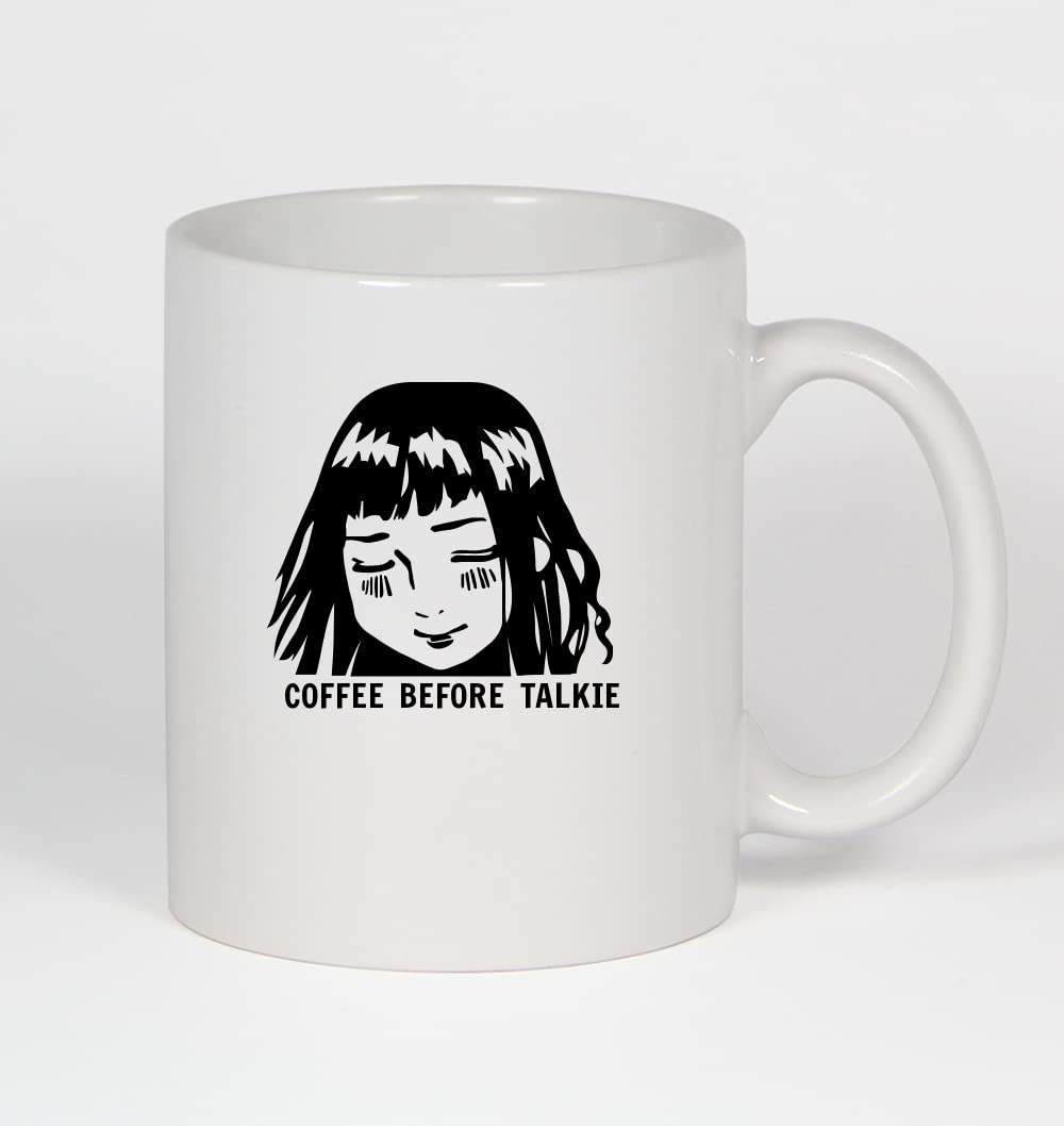 11oz Ceramic White Coffee Mug - Anime Themed 'Coffee Before Talkie' Design - Perfect for Home, Office, or Gift Giving