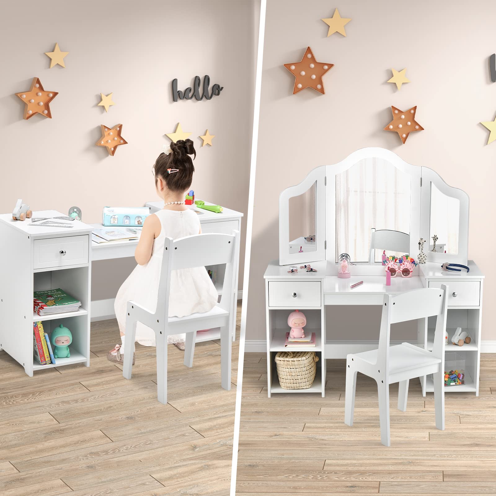 INFANS Kids Vanity Set - 2-in-1 Princess Makeup Desk & Chair with Storage Drawers, Tri-Folding Mirror & Shelves - Wooden Dressing Table for Girls - Pretend Play, Birthday Gift, Bedroom Decor for Toddlers & Kids