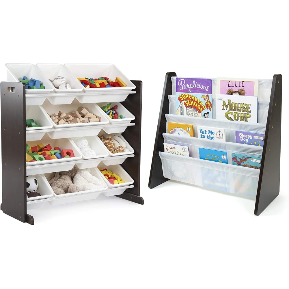 Lennox Furniture 12-Bin Toy Storage Organizer with Book Rack - Espresso Brown Kids Room Organization Solution for Playrooms, Bedrooms & Daycares