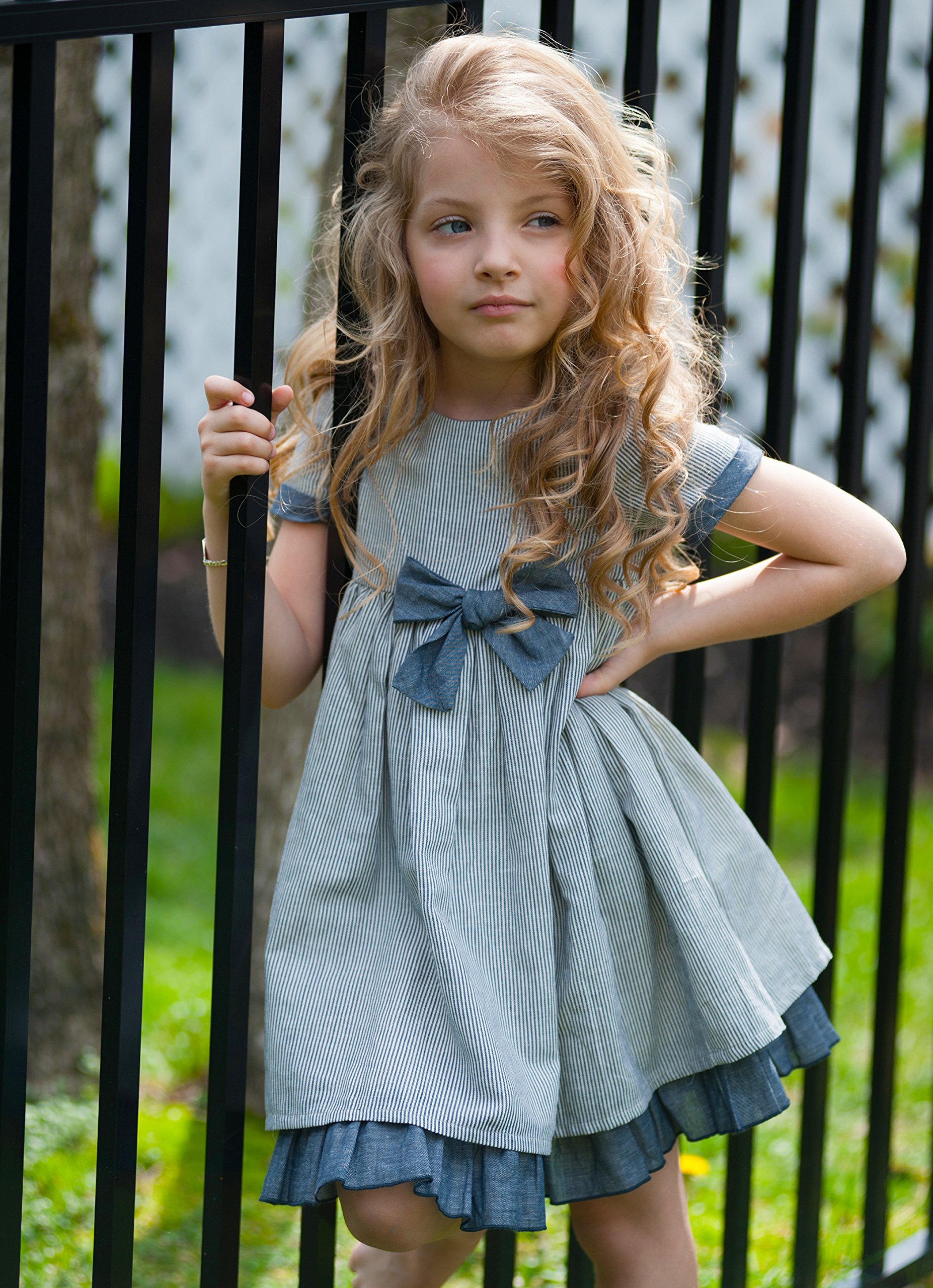 Navy Blue Striped Bow Party Dress for Girls - Cotton Linen Blend A-line Easter Dress for Special Occasions, Birthday Parties & Spring Celebrations