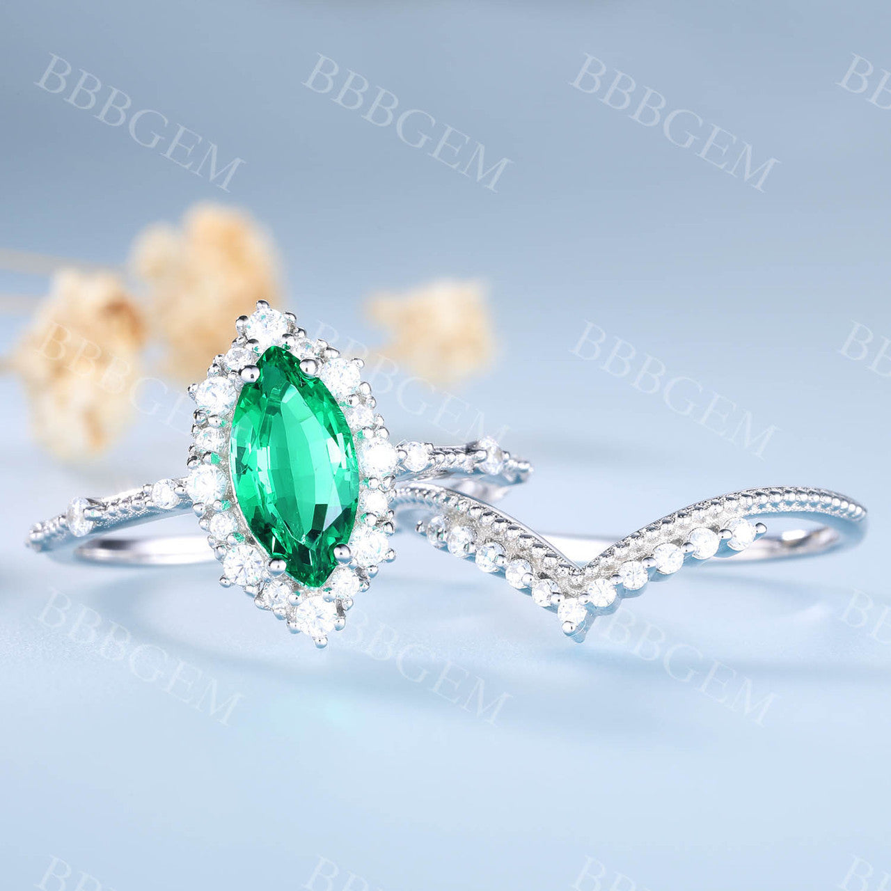 Marquise Emerald Engagement Ring & Wedding Ring Set - V-Curved Stacking Diamond Band for Women | Perfect for Proposals, Anniversaries & Bridal Jewelry