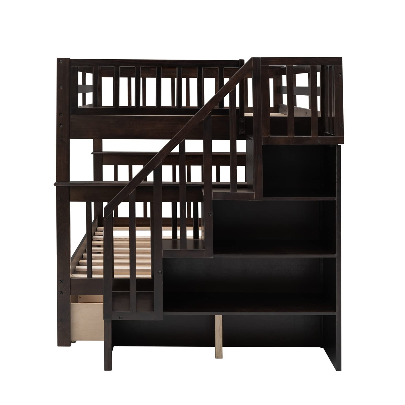 Full Over Full Bunk Bed with Stairs & Storage - Wood Frame for Kids/Adults - Space Saving Bedroom Solution