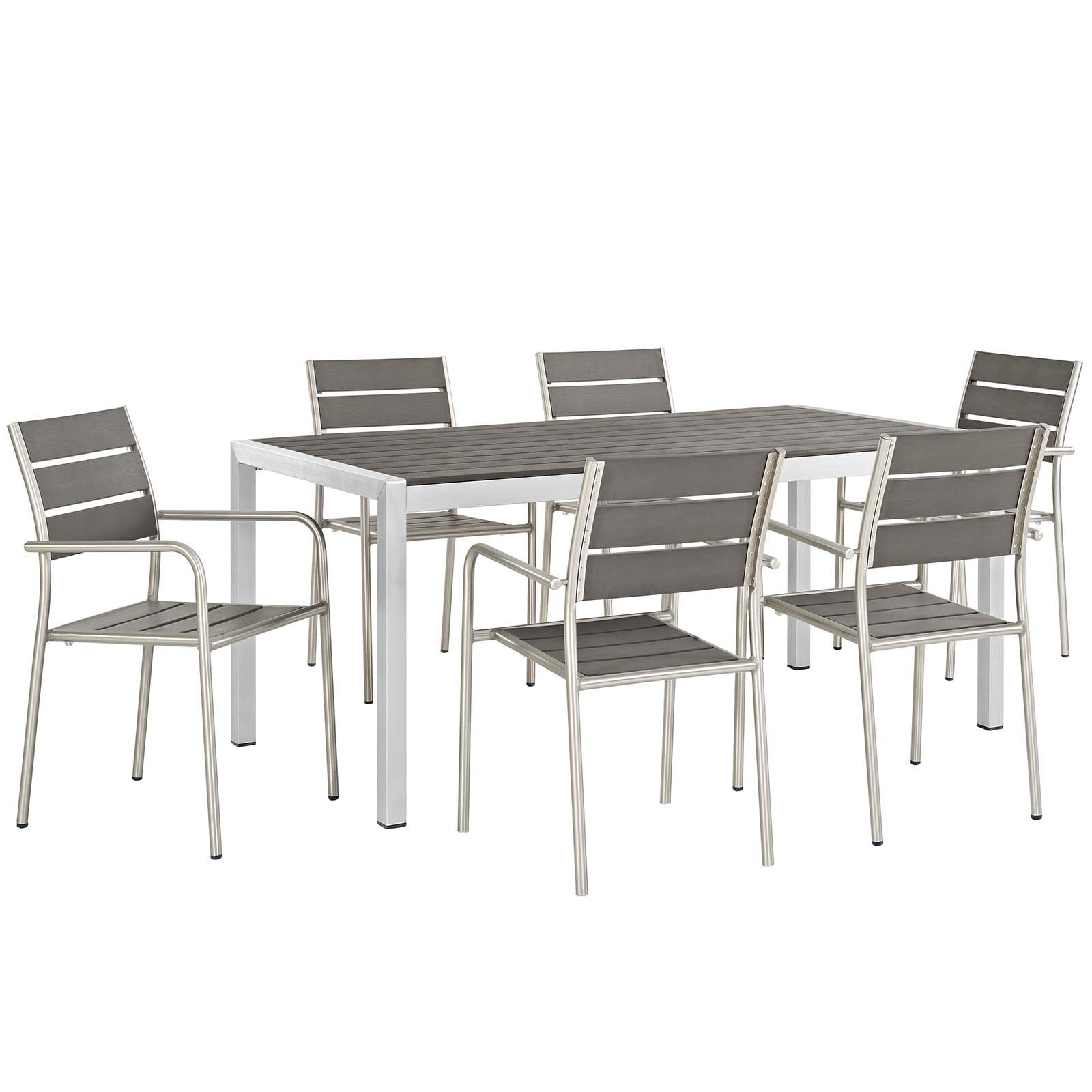 Contemporary Modern Outdoor Patio Dining Set - Gray Silver Aluminum Faux Wood Chairs & Table for Backyard, Garden, and Poolside Relaxation