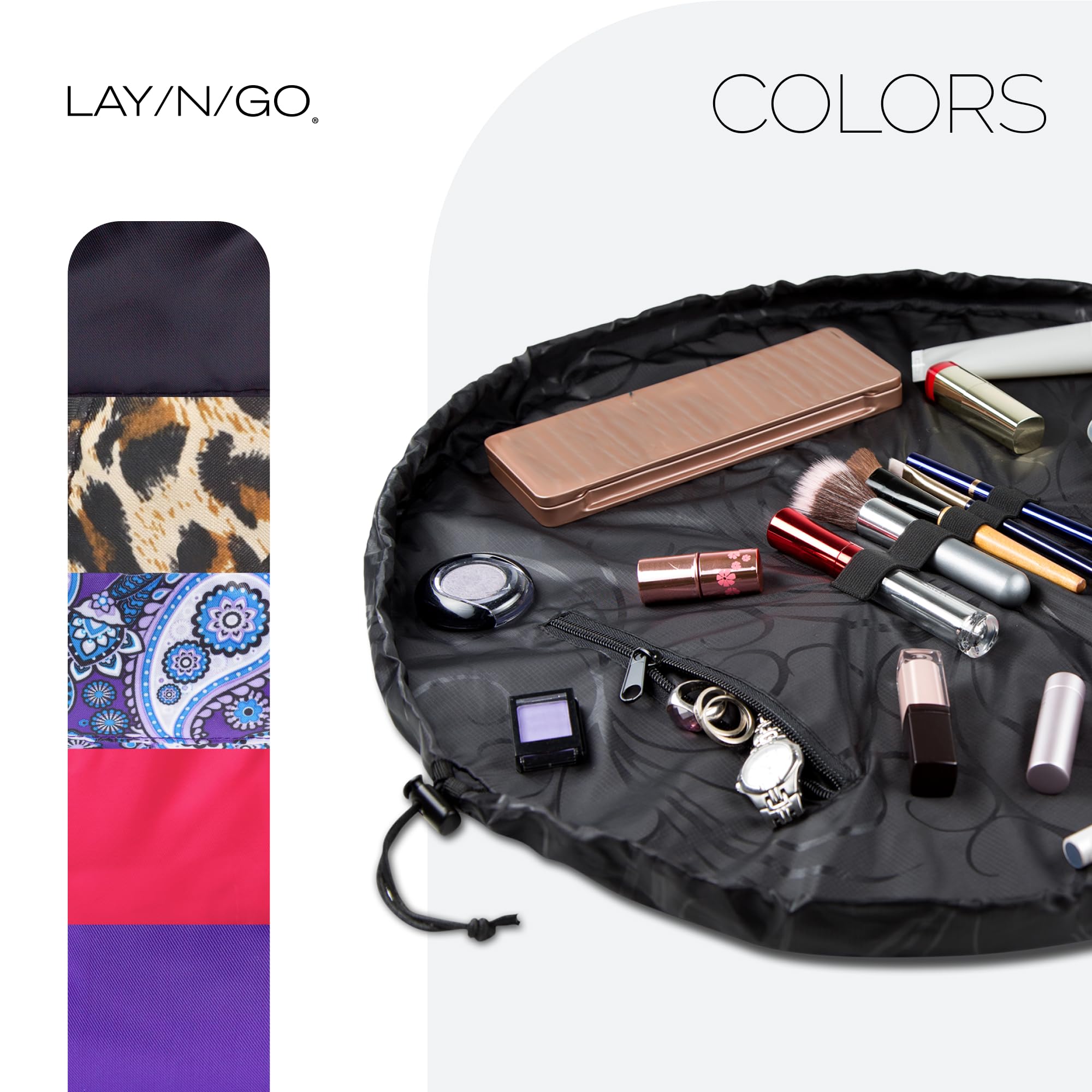 Lay-n-Go Cosmo Drawstring Cosmetic & Makeup Organizer Bag - Portable Travel Makeup Pouch with Zipper Pocket & Loops - Durable Machine Washable Beauty Case (22 Inch, Black) - Perfect for Travel, Gym & Daily Organization