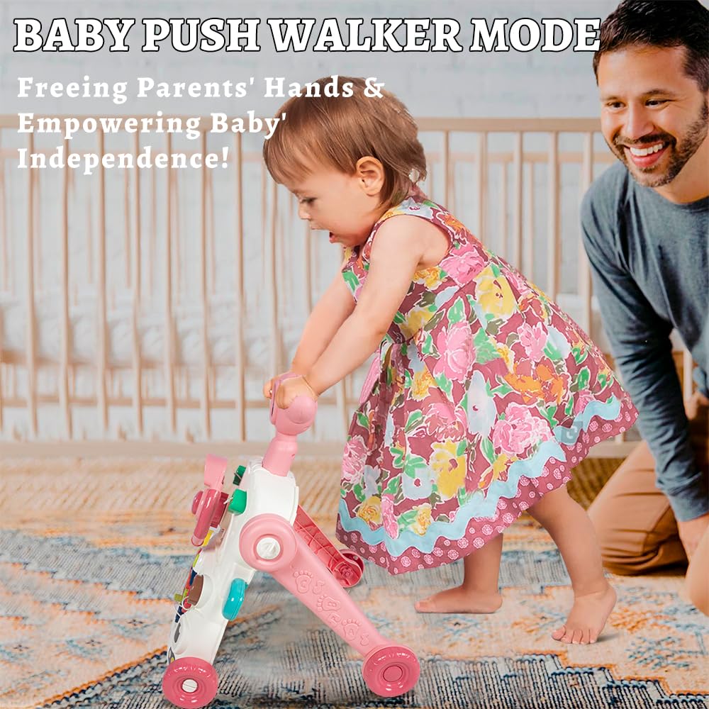 2 in 1 Baby Push Walker & Activity Toy - Adjustable Learning Walker with Wheels, Lights & Music for 6-18 Month Old Boys & Girls - Perfect for First Steps & Early Development at Home
