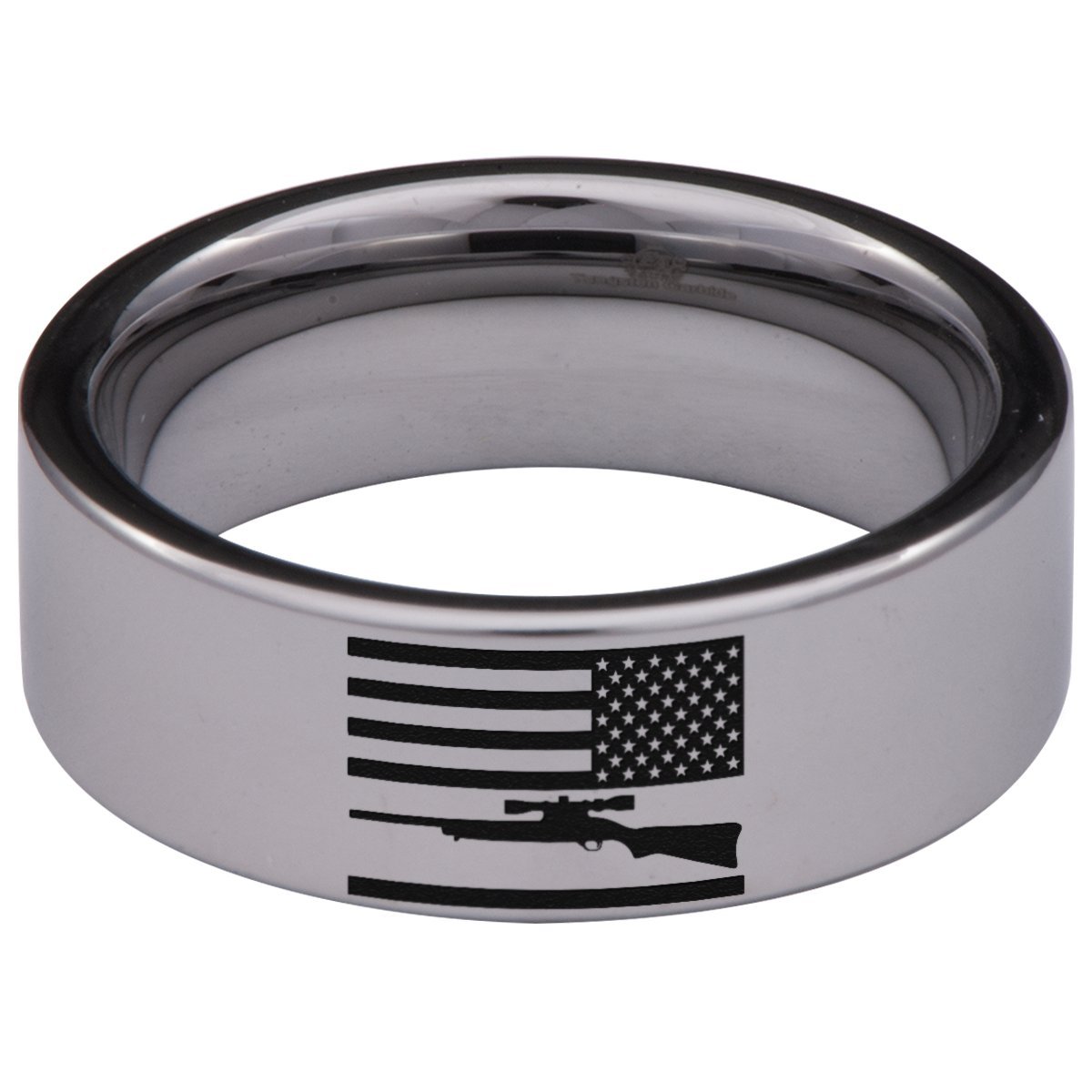 Premium Tungsten Carbide USA Flag & Rifle Ring - 8mm Wedding Band for Men & Women - Anniversary, Military, Patriotic Gift - Perfect for Veterans, Outdoor Enthusiasts & Patriotic Occasions