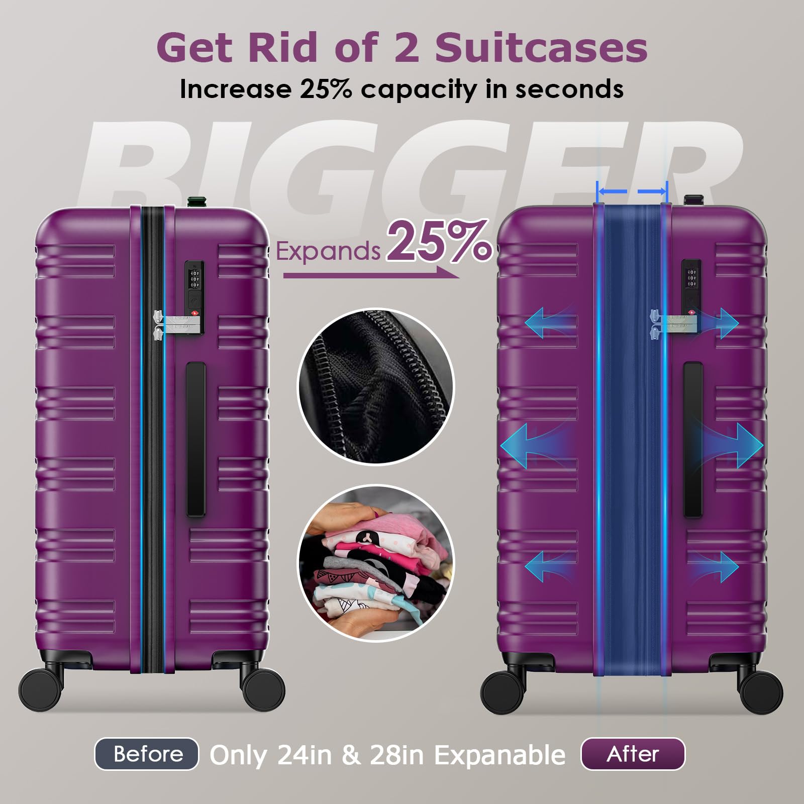 BEOW 3-Piece Expandable Hardside Luggage Set with Spinner Wheels & TSA Lock - 20/24/28 Inch Lightweight Polycarbonate Suitcases for Women (Purple) - Perfect for Air Travel, Business Trips & Vacation Getaways