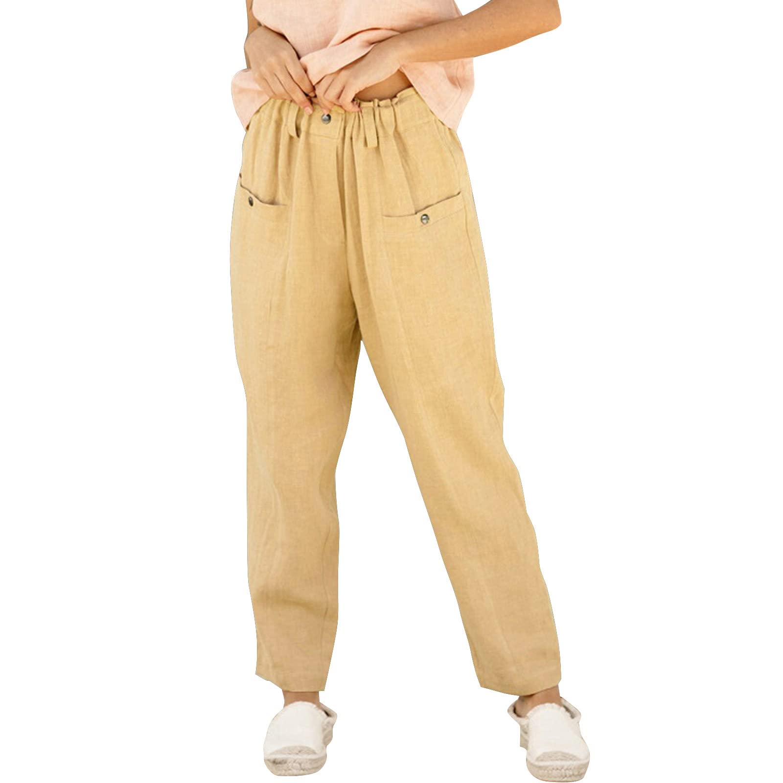 WOCACHI Women's Casual Cotton Linen Capri Pants with Drawstring Elastic Waist & Pockets - Comfortable Wide Leg Sweatpants for Yoga, Travel, and Lounge Wear