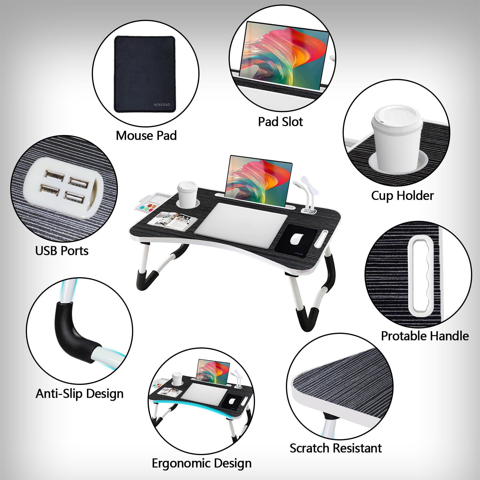 Foldable Laptop Desk with USB Charger, Storage Drawer & Cup Holder - Portable Bed Desk for Reading, Working, Gaming on Sofa, Couch, Floor & Office