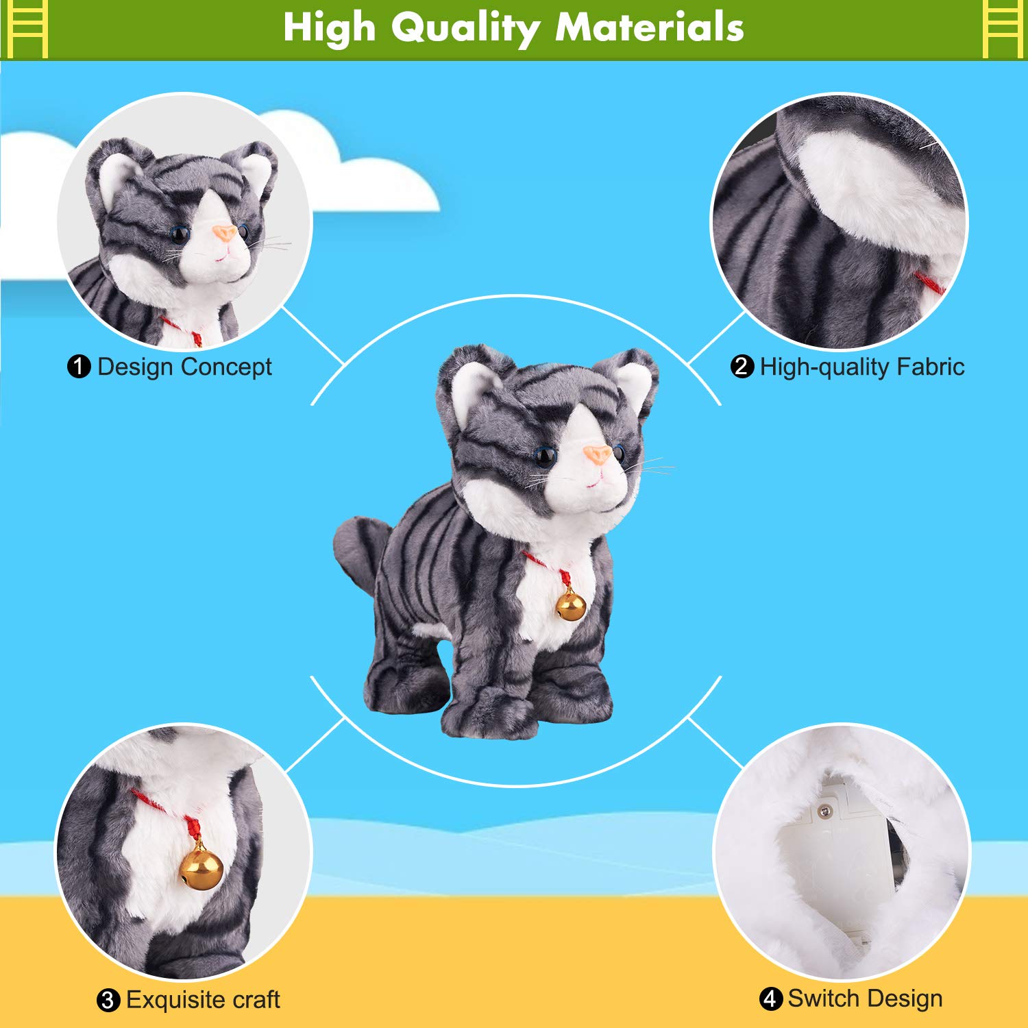 Interactive Gray Robot Cat Plush Toy - Touch Control Meow Kitten, Electronic Pet with Animated Movements, 12