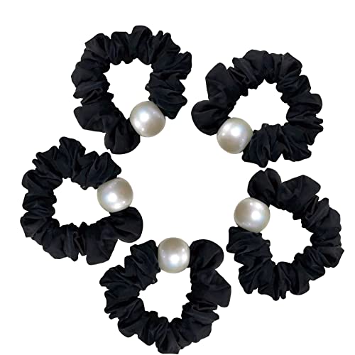 Jseng 5-Pack Pearl Hair Scrunchies - Satin Hair Ties for Women, Soft Elastic Hair Bands for Ponytails, Braids & Buns - Frizz-Free & Gentle on Hair - Elegant Pearl Hair Accessories for Everyday, Weddings & Special Occasions (Black)