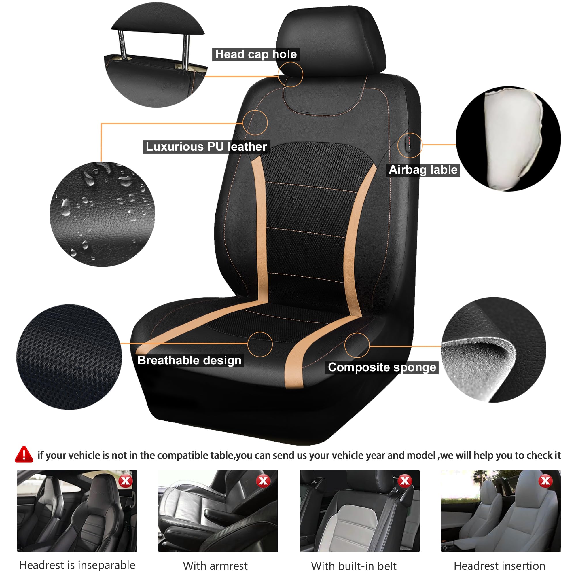 CAR-GRAND 3D Air Mesh Breathable Car Seat Covers Full Set - Universal Leather Seat Protectors for Cars, SUVs & Trucks | Airbag Compatible | Sport Style (Black/Beige) | Perfect for Daily Commuting, Road Trips & Family Travel