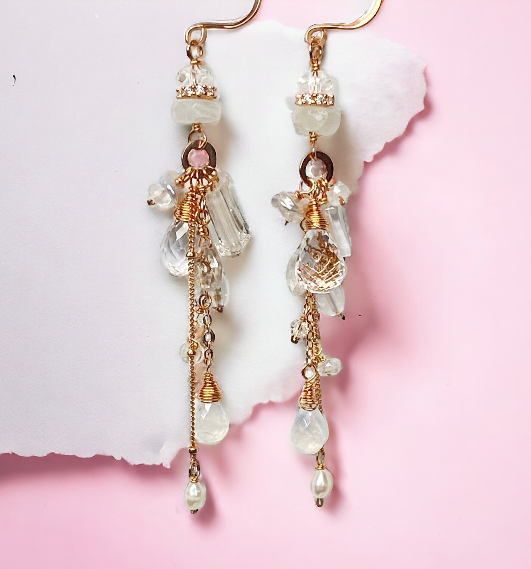 Rose Gold Boho Dangle Earrings with Crystal Quartz & Moonstone - Elegant Bohemian Jewelry for Women, Gift for Her | Perfect for Weddings, Parties & Everyday Wear